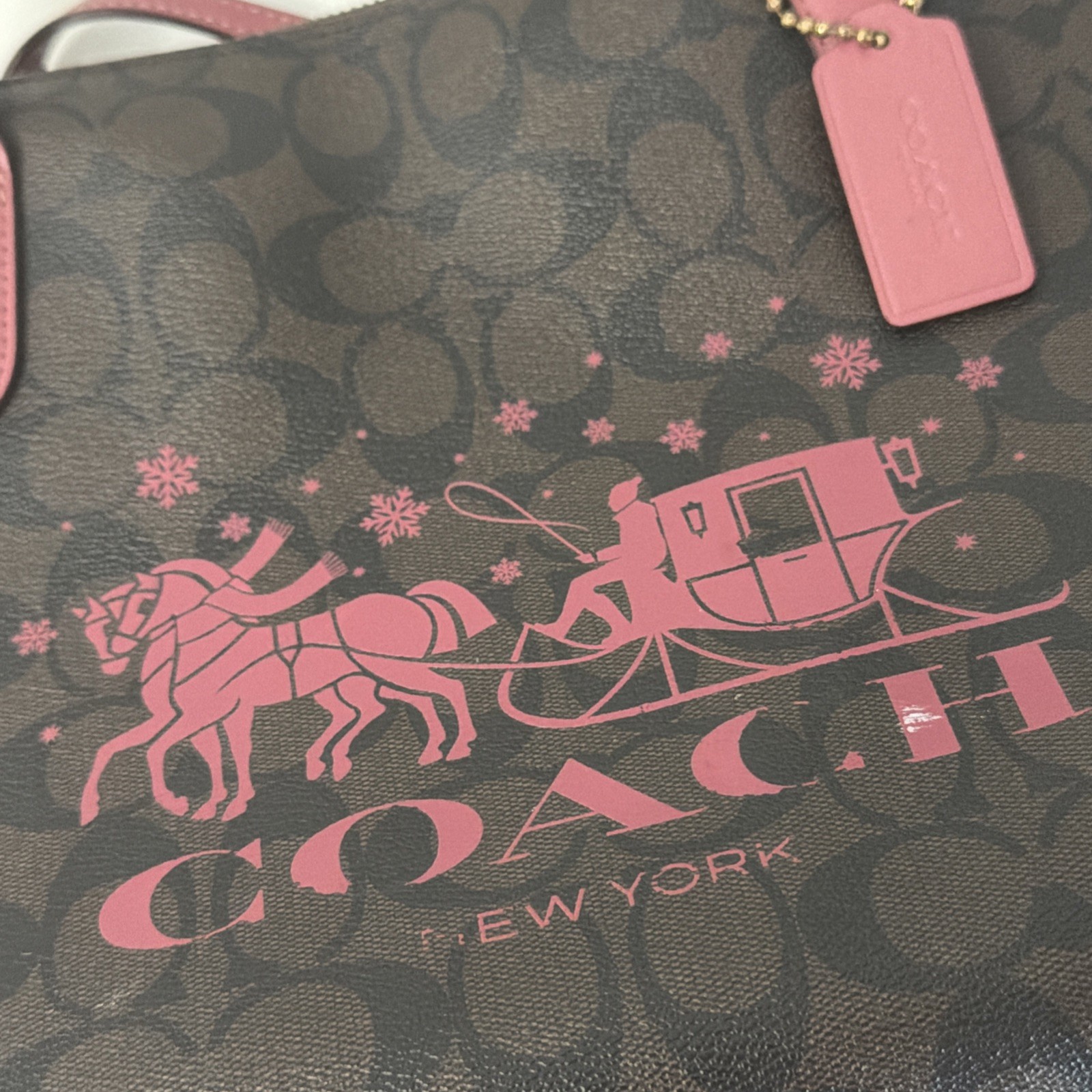Coach Brown & Pink Logo Tote Horse Carriage Print Gold Hardware Large Designer