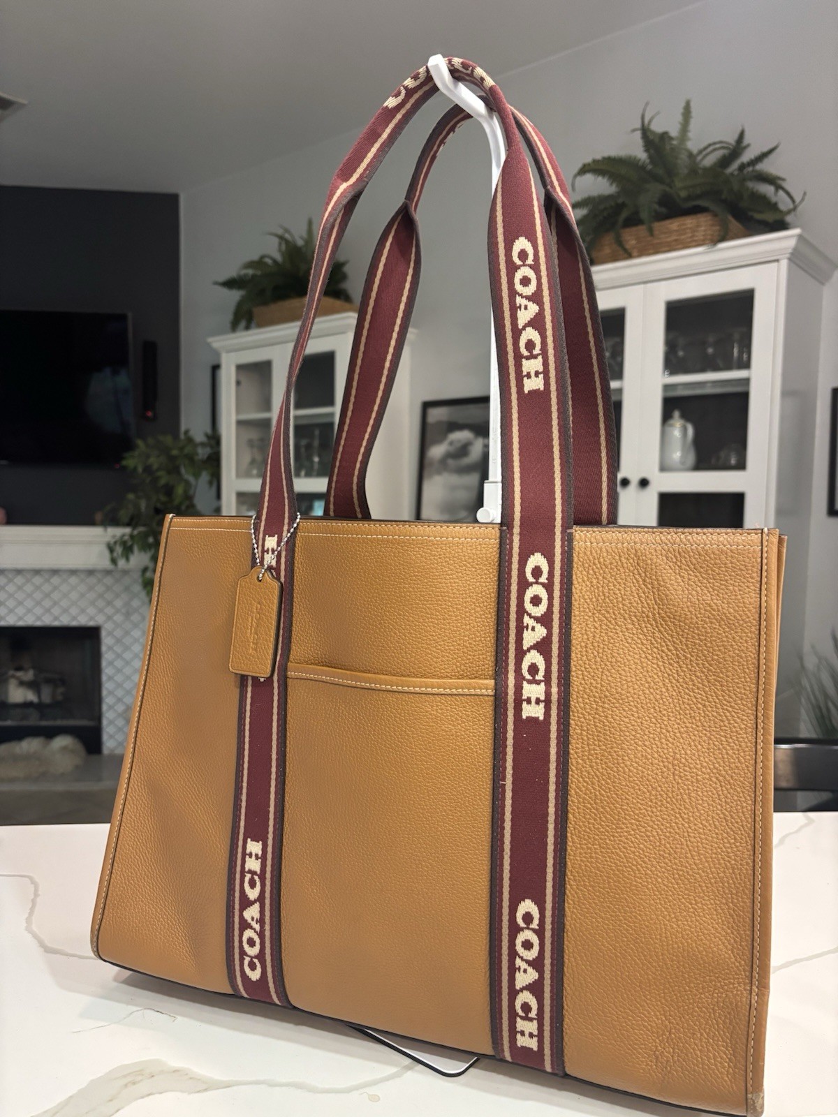 Coach Smith Tote Bag J2477-CU996 Tan With Burgundy Handles