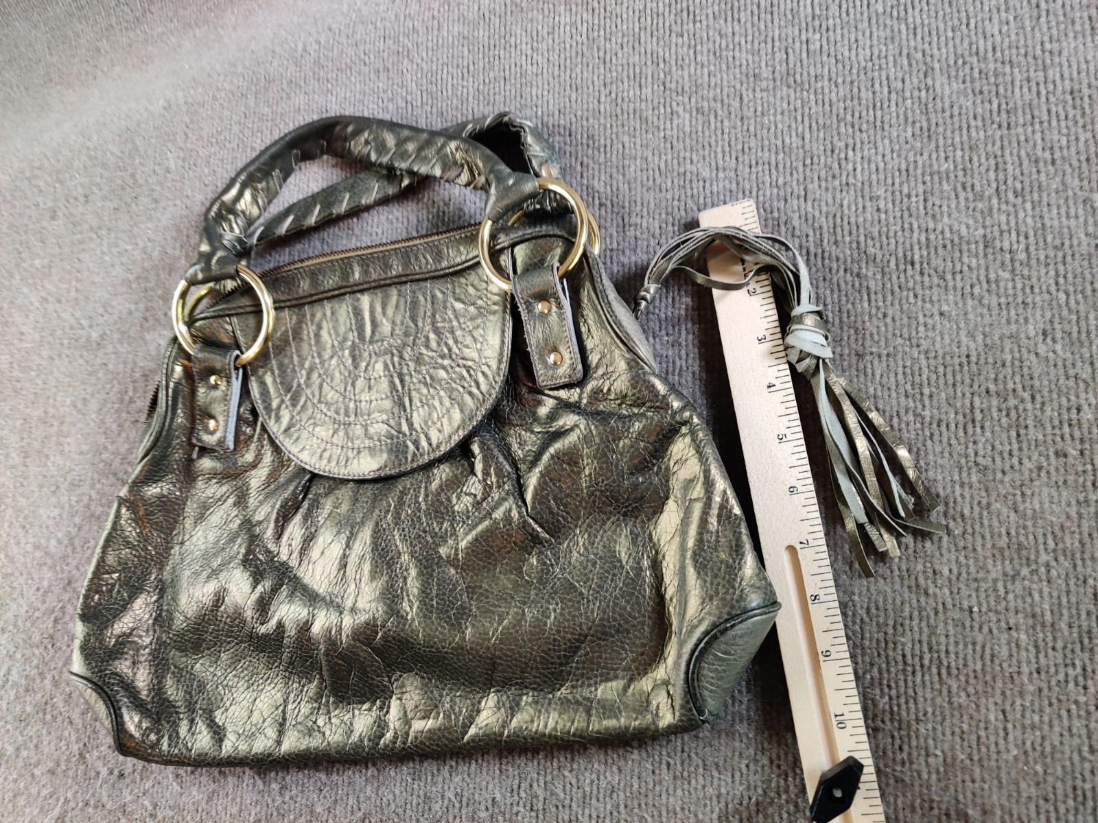 Bulga Gold Soft Pebbled Leather Fringe Boho Shoulder Bag