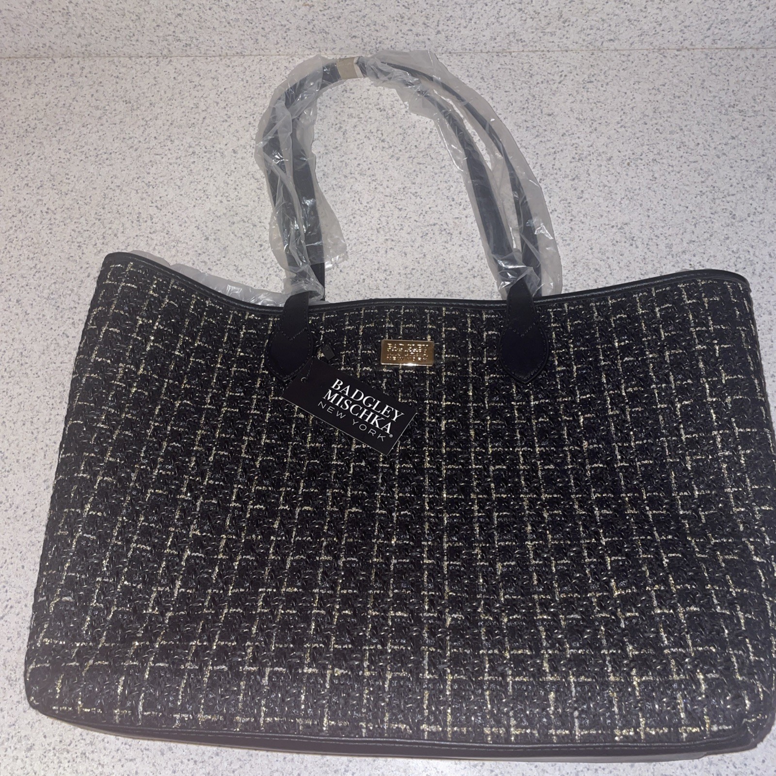 Badgley Mischka Tara Tote Bag 19”x14”x5” Black with gold threads tweed BRAND NEW