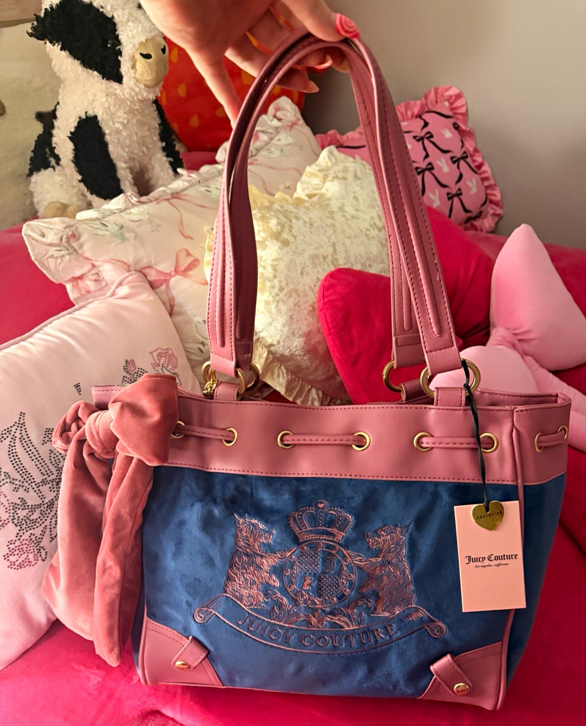 Juicy Couture Blue/Pink Logo Crest Tote Bag Bow Gold Hardware Double Handles