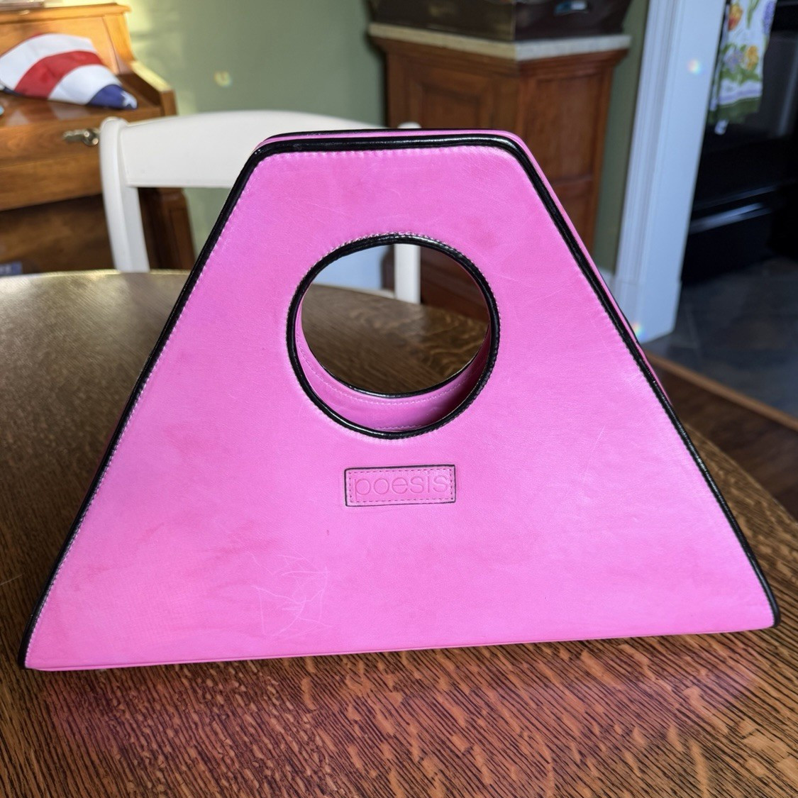 Poesis Geometric Pink Leather Handbag | Unique Cut-Out Handle Purse | Statement