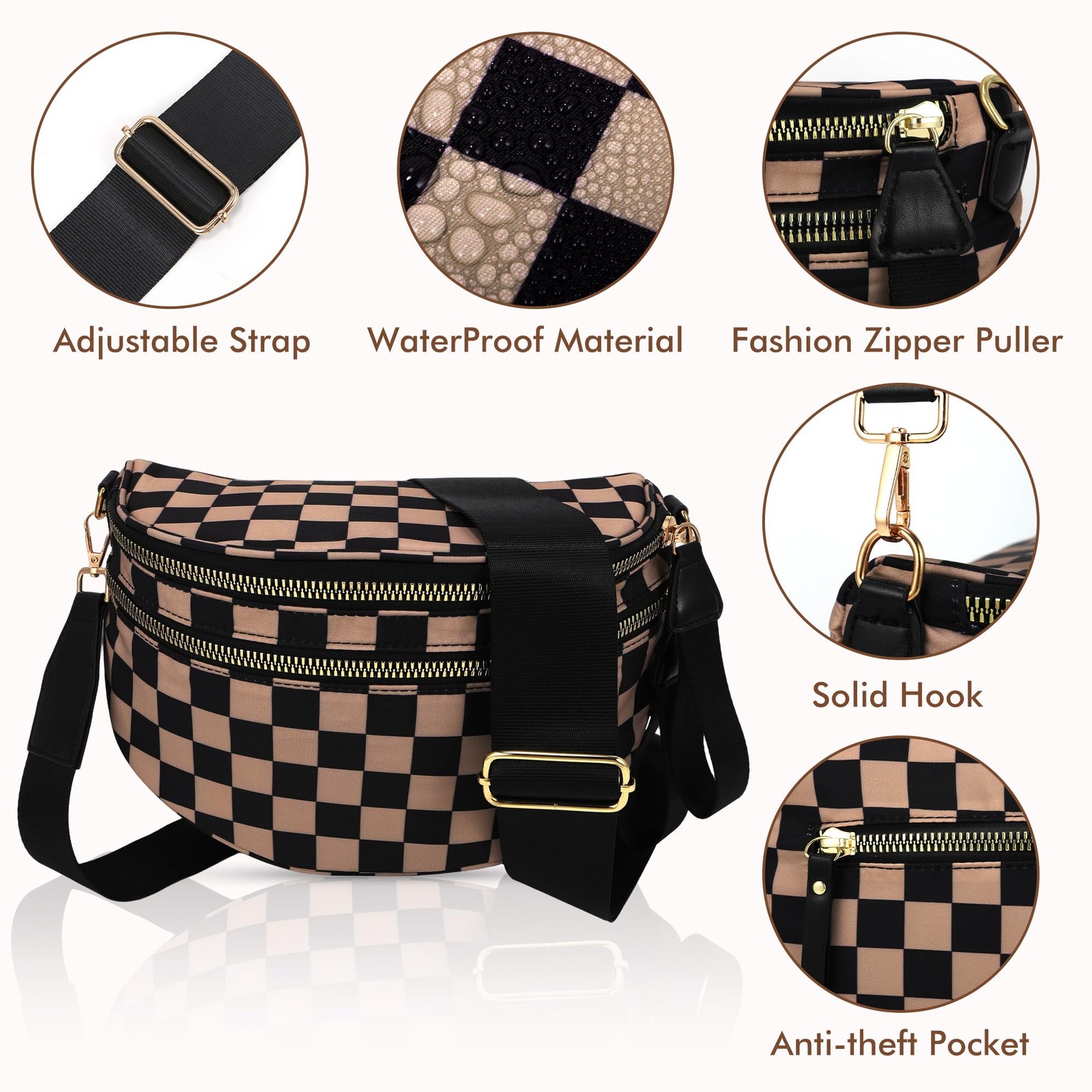 Khaki Checkered Crossbody Bum Bag Large Nylon Fanny Pack Belt Purse For Women