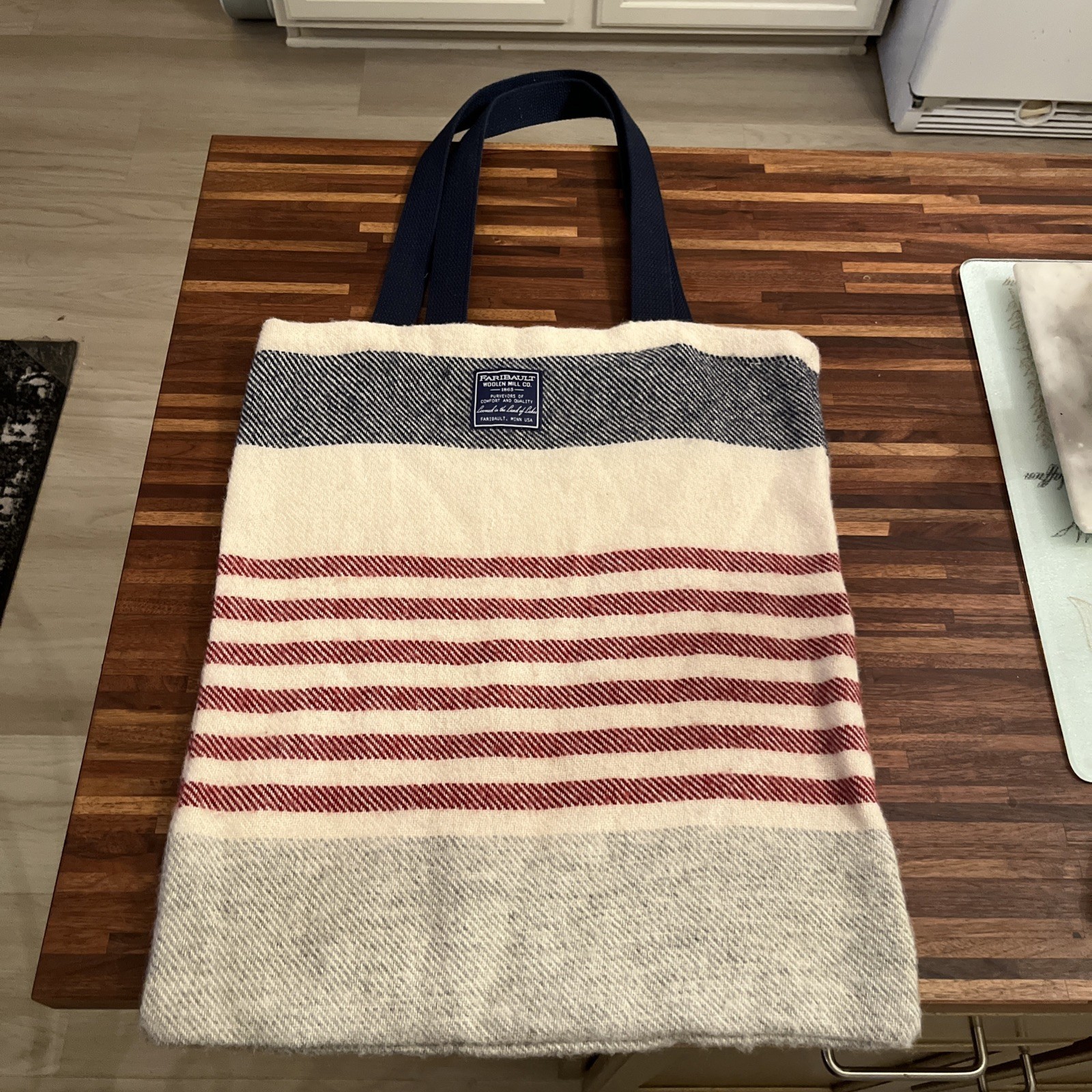 Faribault Woolen Mill Co. Strip Navy Red Cream Unstructured Wool Shoulder Tote