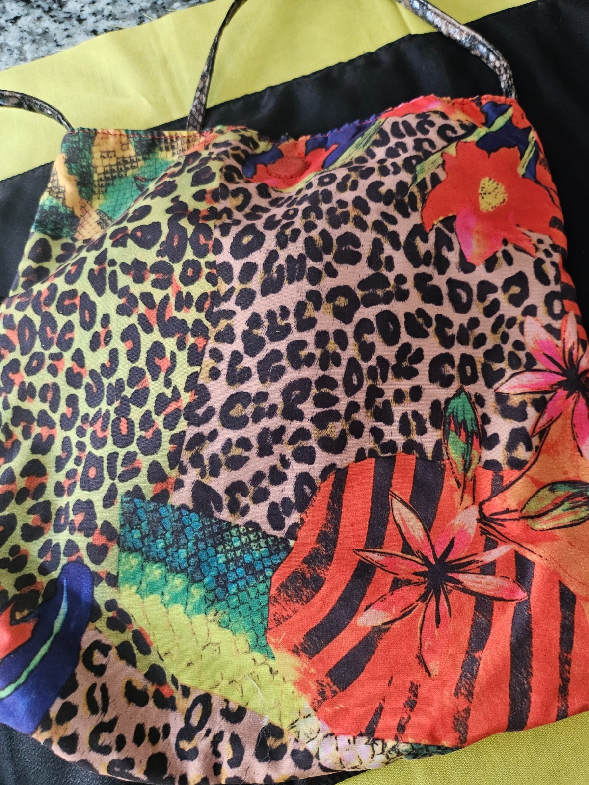 #16 Floral soft Shoulder bag with bright fabric and leopard pocket on front