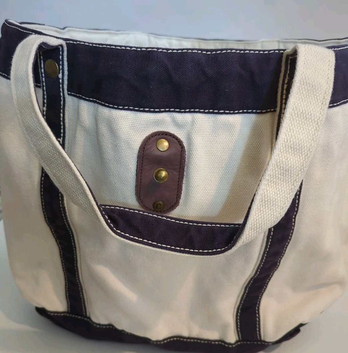 Lands’ End Canvas Tote Bag 1963 White/Blue Heavy-Duty with Pockets and Handles