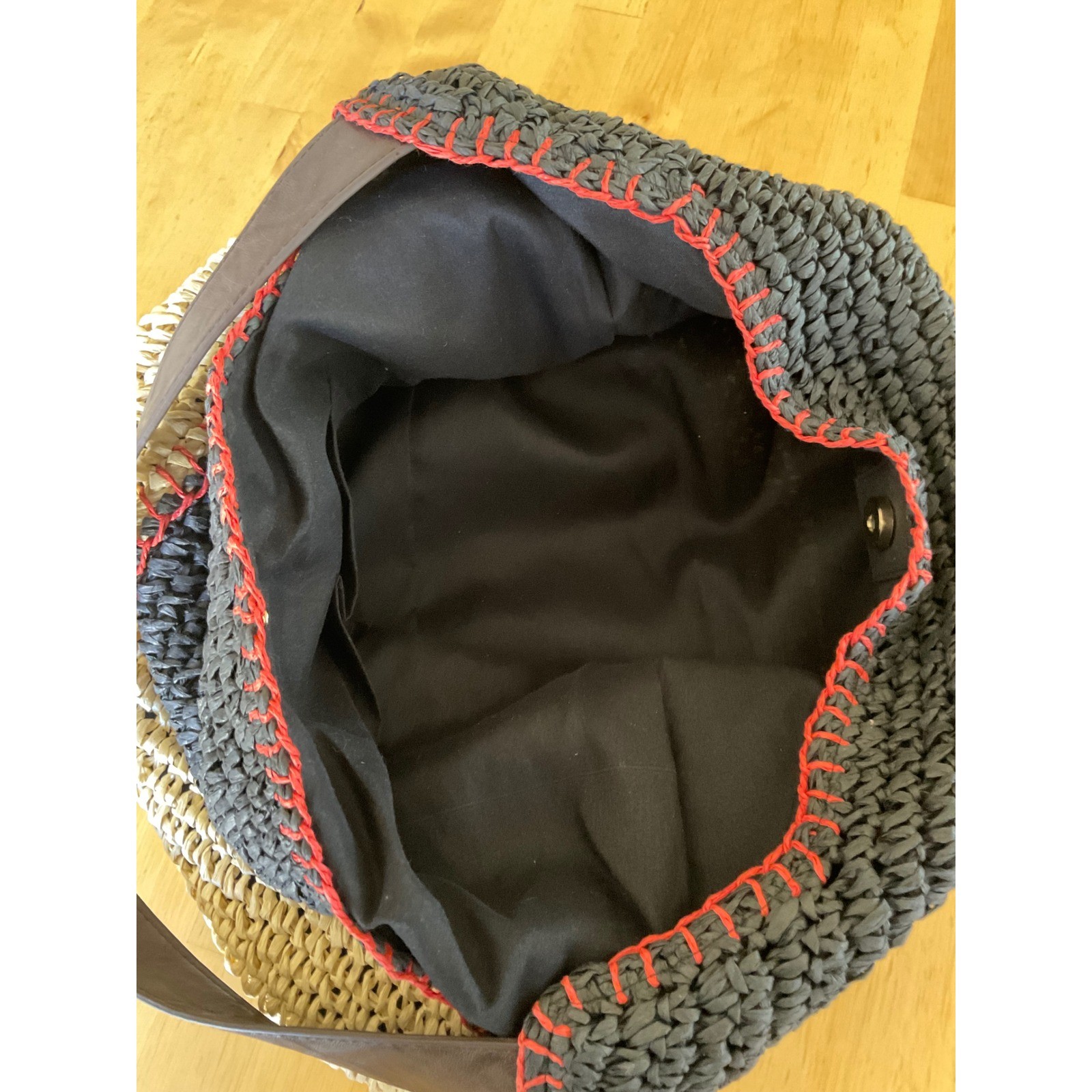 Sonoma Goods For Life Woven Straw Hobo Bag Black Tan Colorblock Red Whipstitch