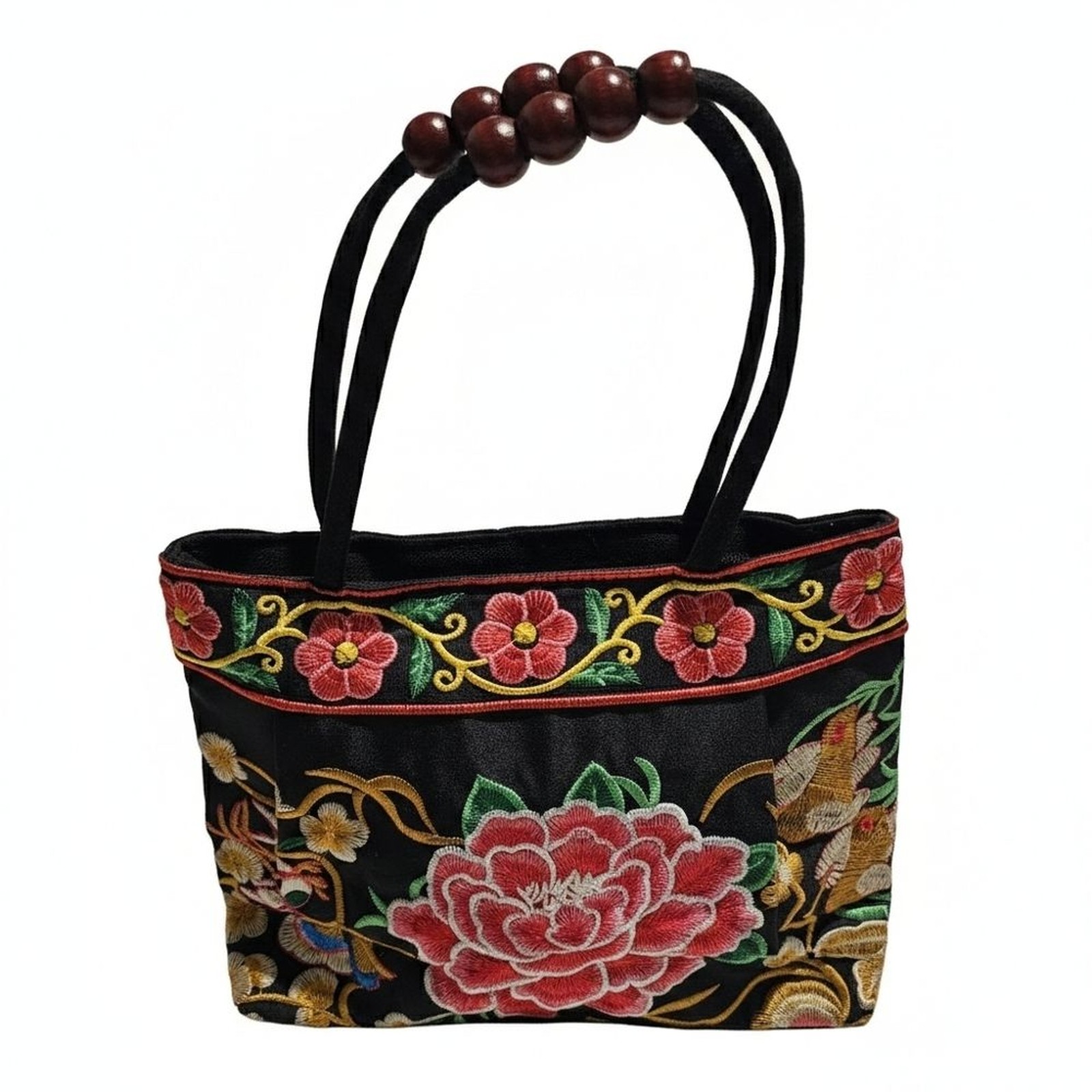 Vintage Asian Inspired Peony Embroidered Bag Wooden Bead Handle Boho Satin Purse