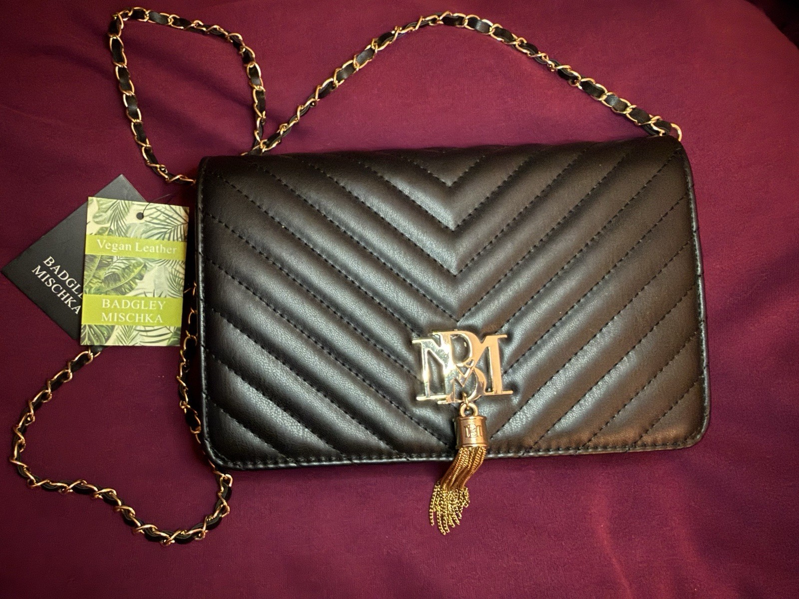 Badgley Mischka Black Quilted Crossbody Bag Chain Strap Tassel NWT