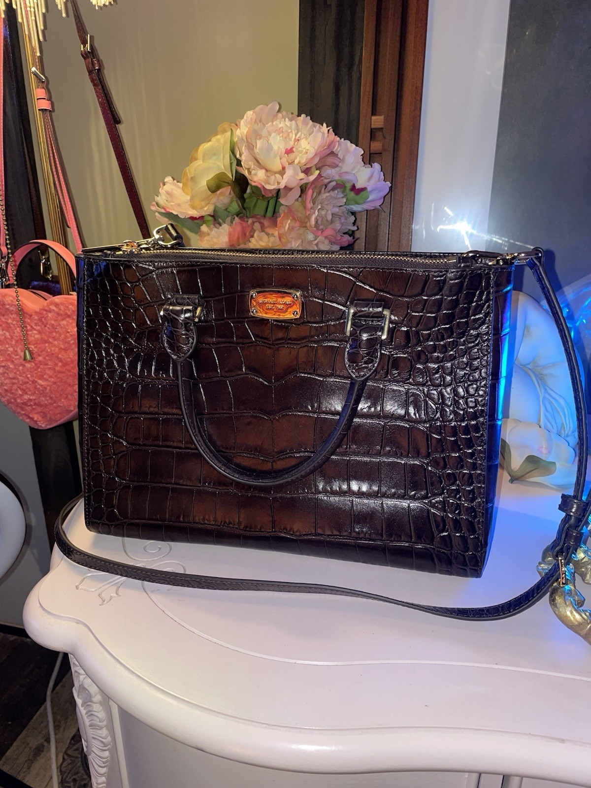 Michael Kors Dark Chocolate Kellen Top Double Zip Satchel