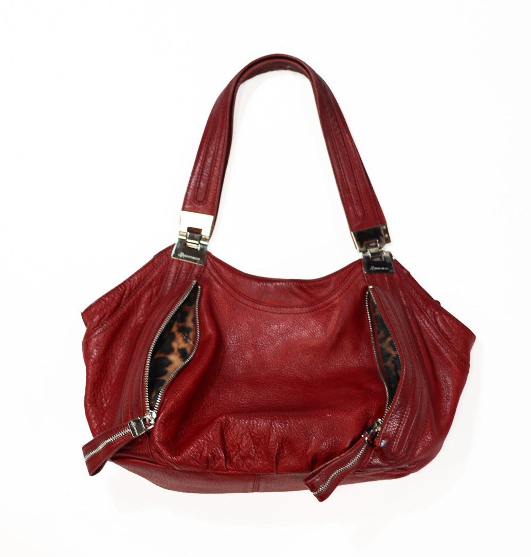B. Makowsky Genuine Leather Red Hobo Shoulder Bag Leopard Lining Multi Pocket