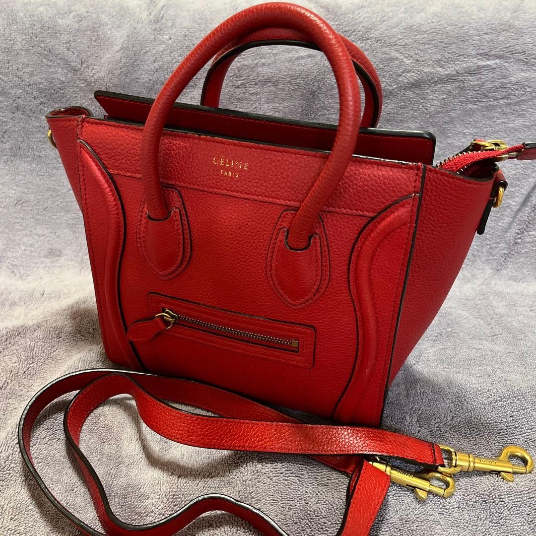 CELINE Luggage Nano Shopper Handbag Red Grained Calfskin Leather 2WAY Women’s