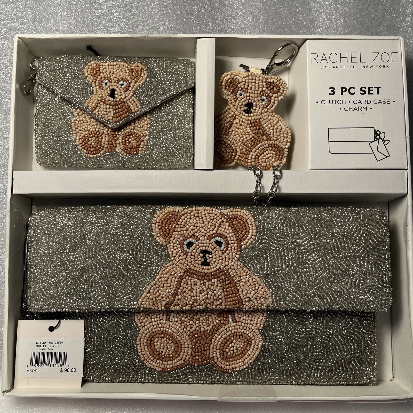 Rachel Zoe Silver Beaded Teddy Bear Clutch Shoulder Strap Card Case Bag Charm