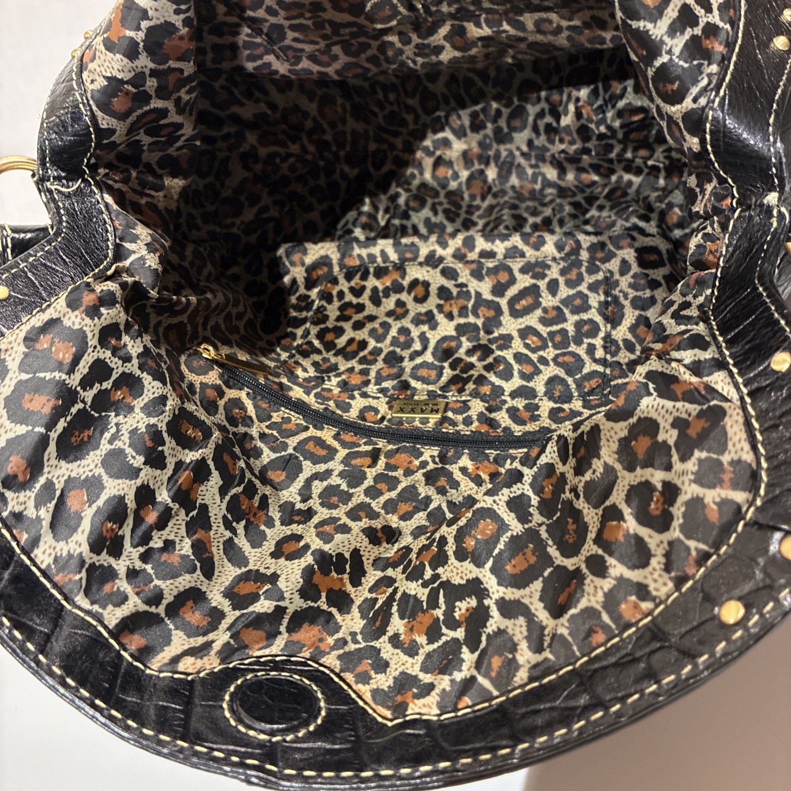 Maxx New York Black Leather Croc Slouchy Chunky Hardware Studded Shoulder Bag