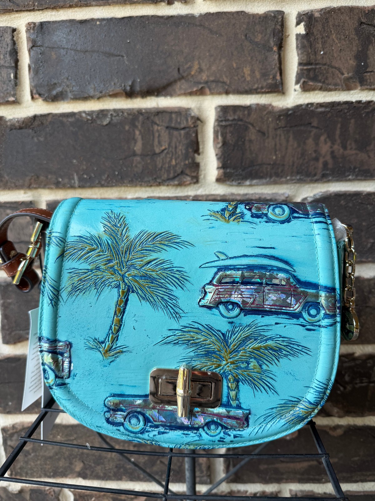 NWT Brahmin Briar Crossbody Tropic Blue Copa Cabana Leather multi cars palm tree