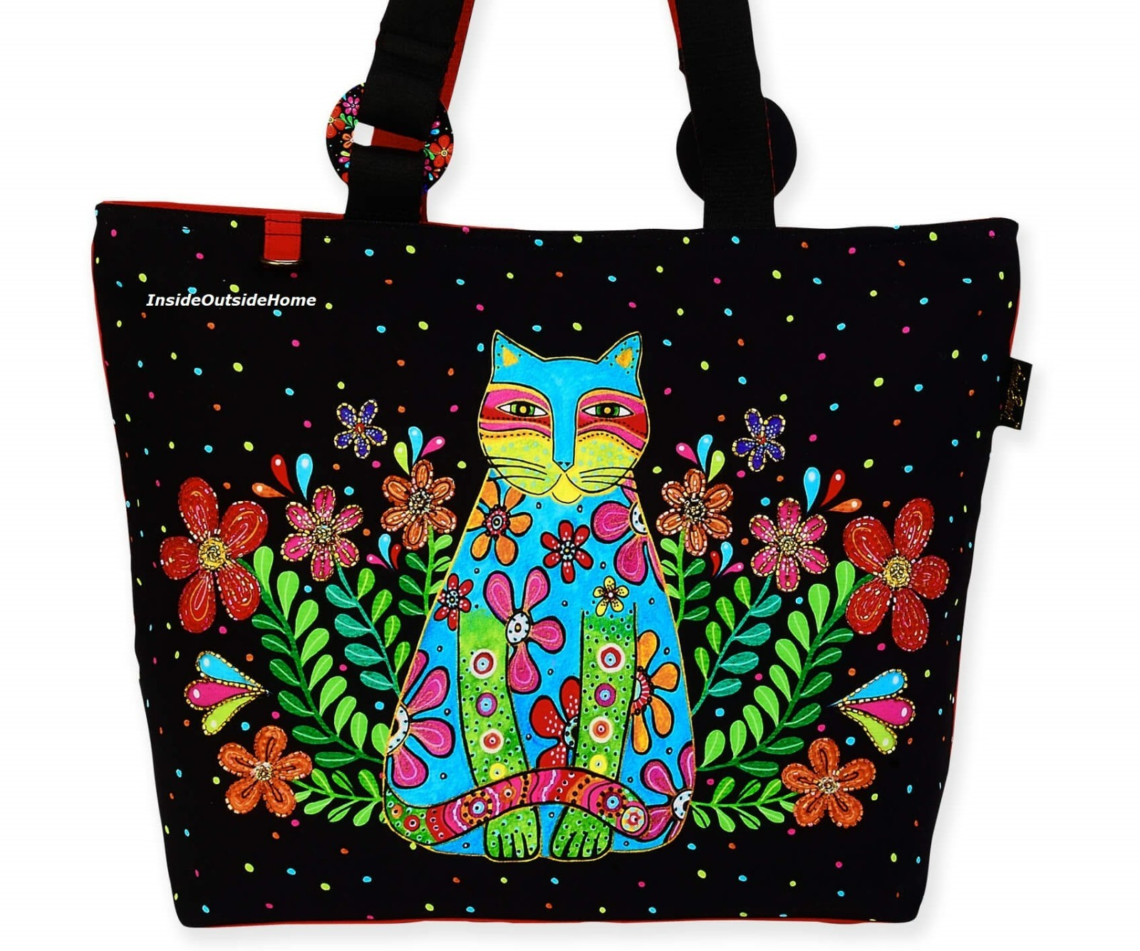 Laurel Burch Kaleidoscope Cat in Flowers XL Shoulder Tote Bag 21″x6.5″x15″ NEW