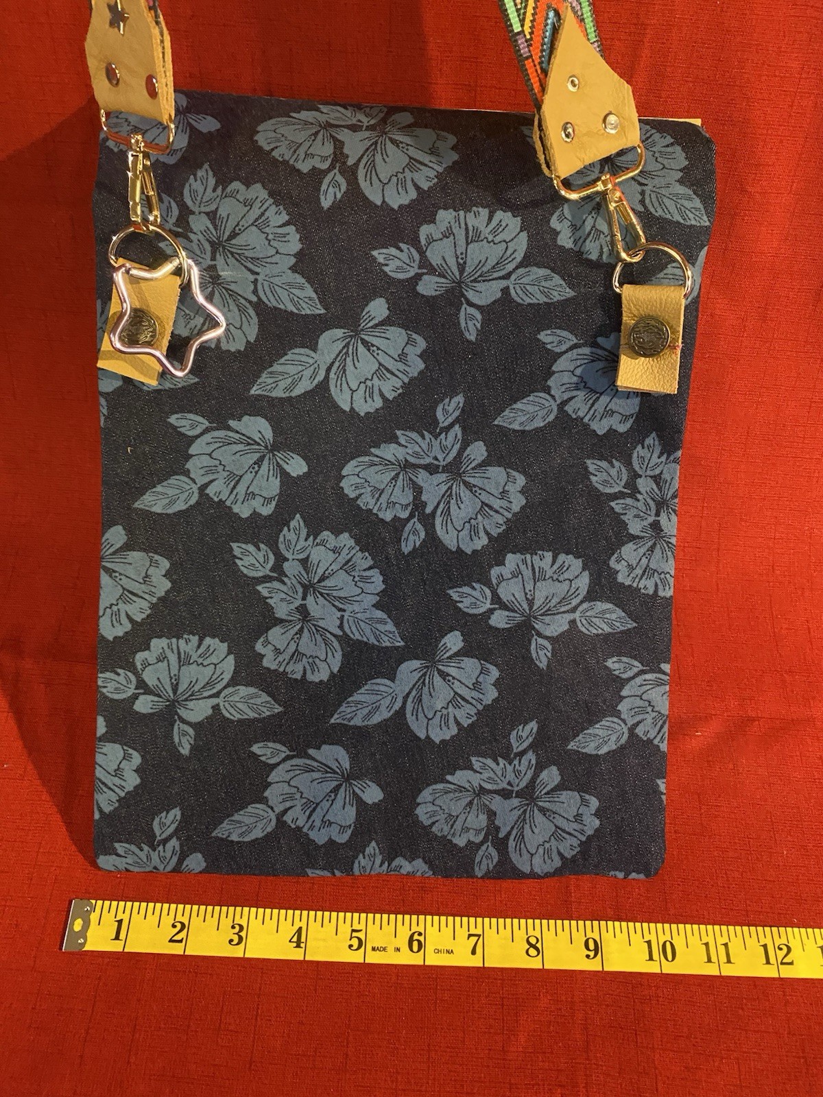 Blue Floral Crossbody Bag Zip Closure Lined Detachable Strap Bird Charm Small
