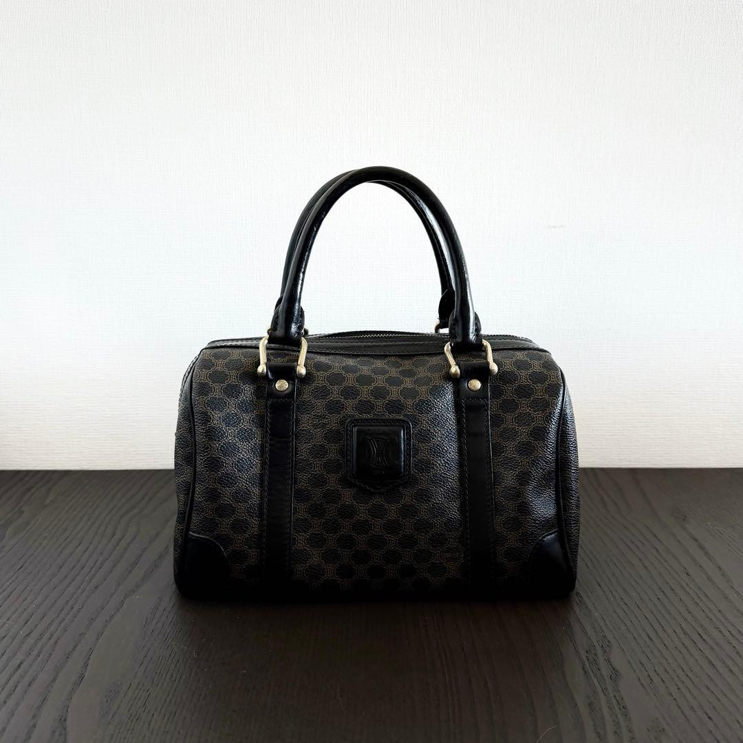 CELINE Macadam Pattern Mini Boston Bag Black Leather Handbag Authentic Rare F/S
