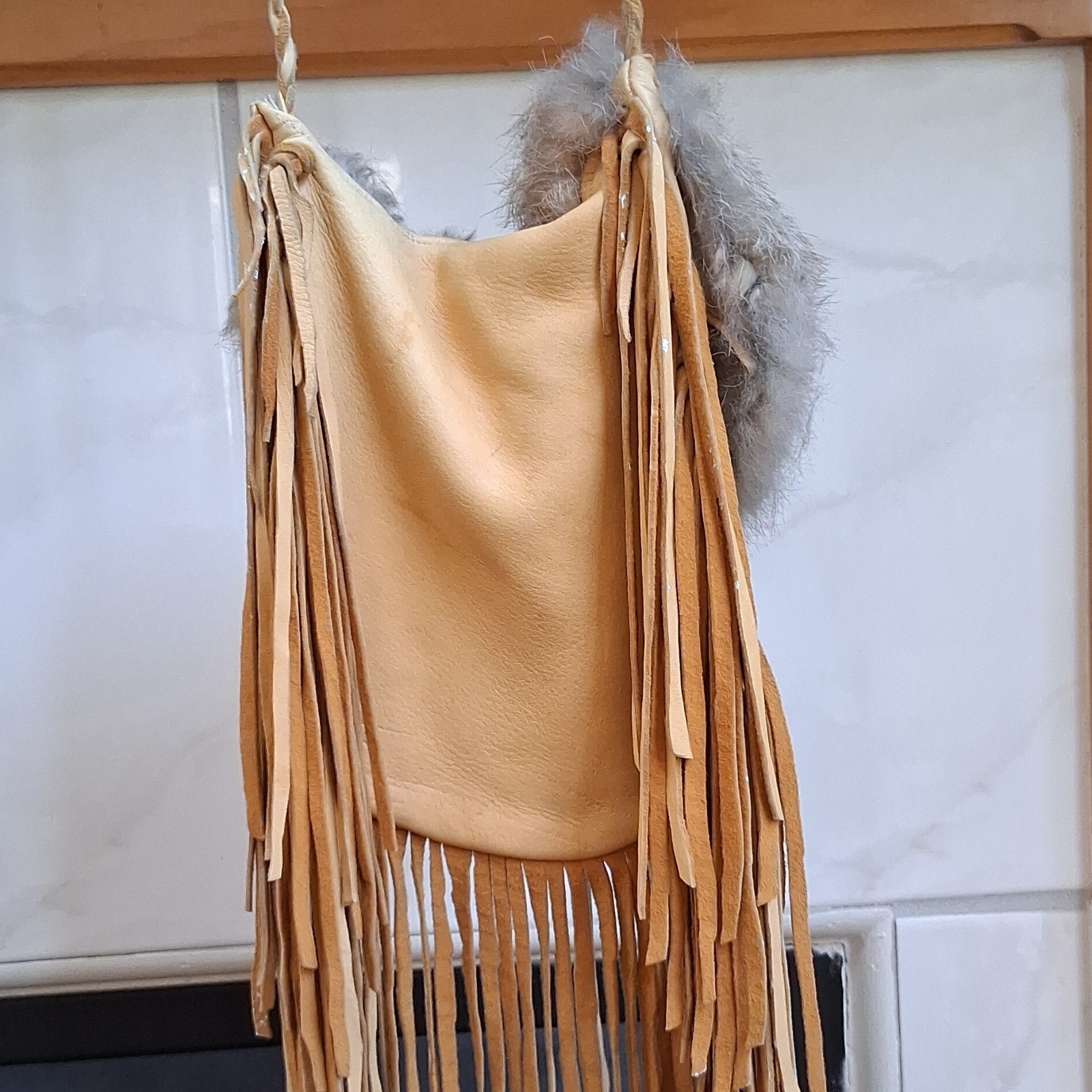 Mid-Century Native American Doeskin Bag, Fringe, Beaded, Fur, Pouch 9×7