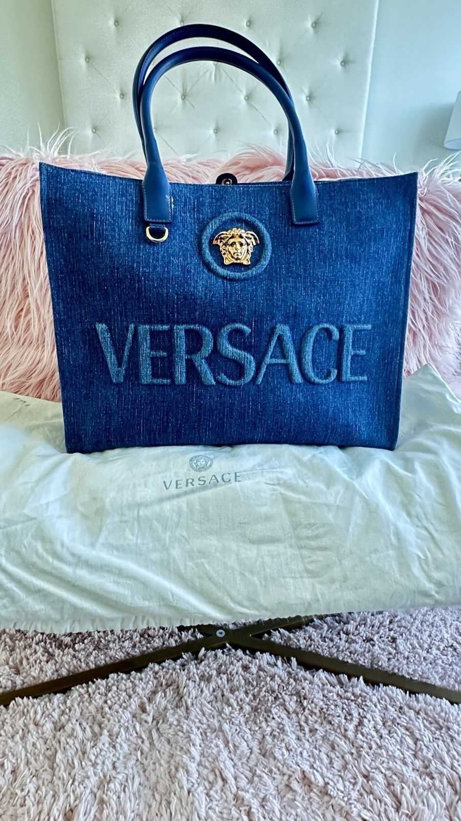 AUTHENTIC VERSACE LA MEDUSA LARGE TOTE BAG IN BLUE DENIM