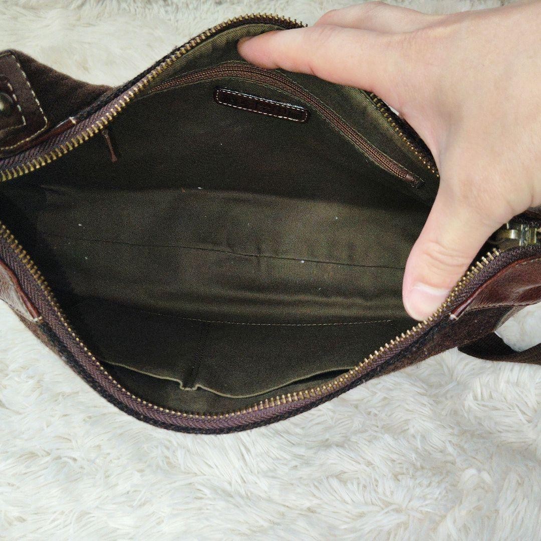 Tsuchiya Kaban Brown Tweed Leather Half Moon Crossbody Shoulder Bag Auth