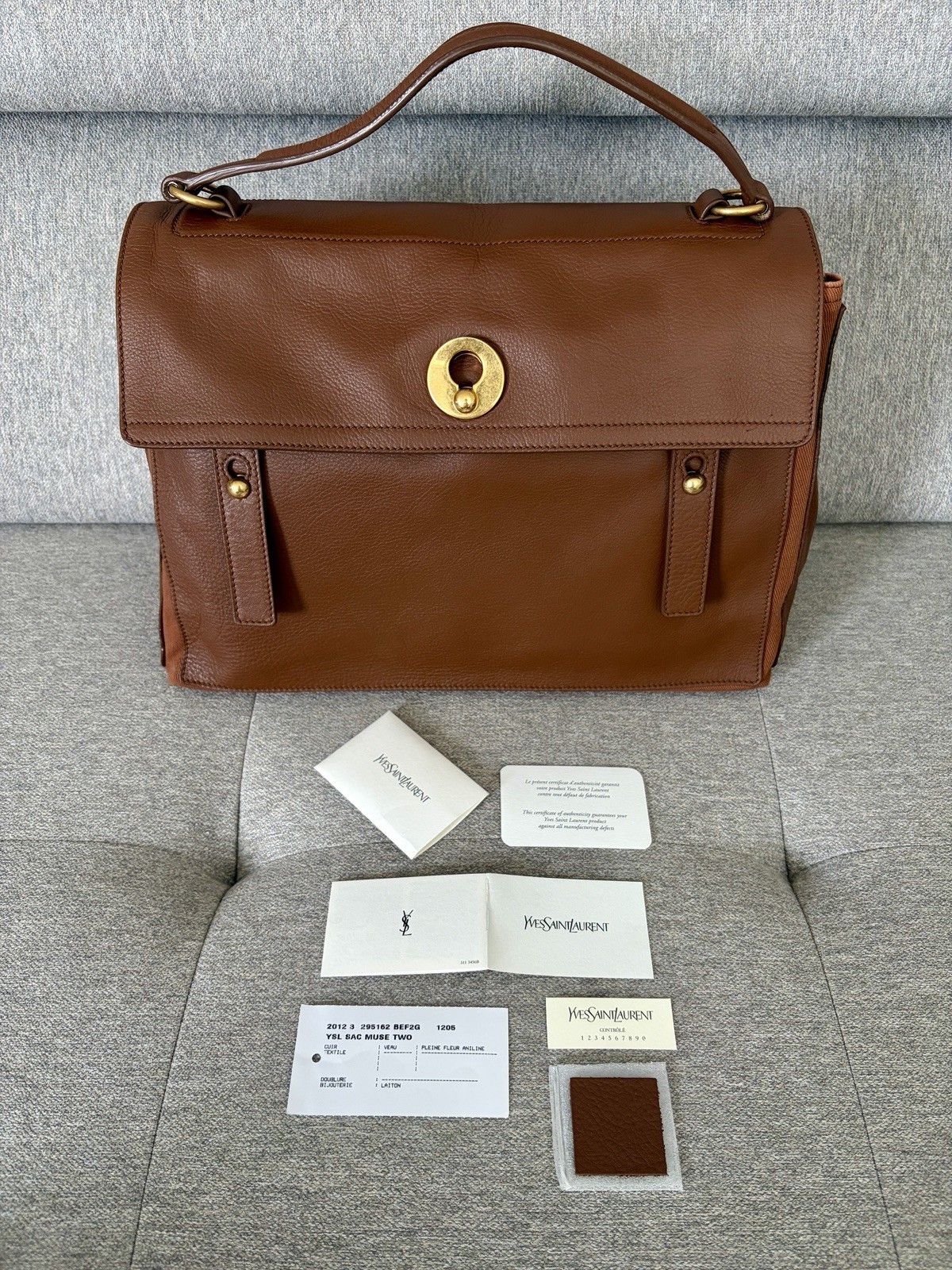 YSL Yves Saint Laurent Muse Two Large Bag Brown Leather Canvas Flawless Ext