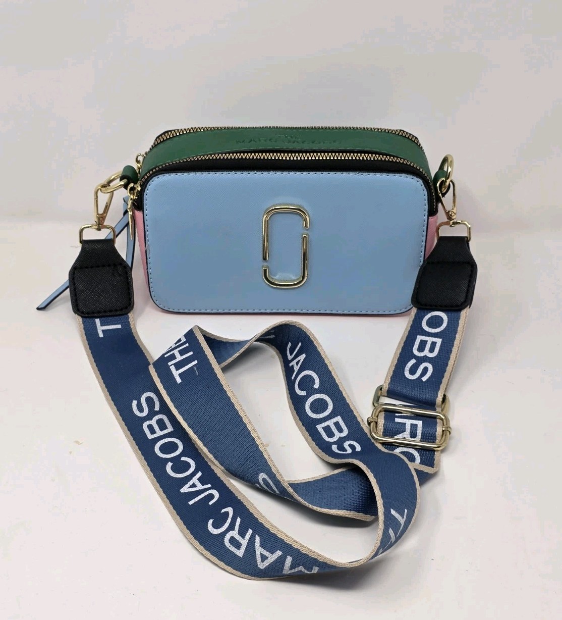 Marc Jacobs The Snapshot Blue/Pink/Green Crossbody Camera Bag with Gold Accents