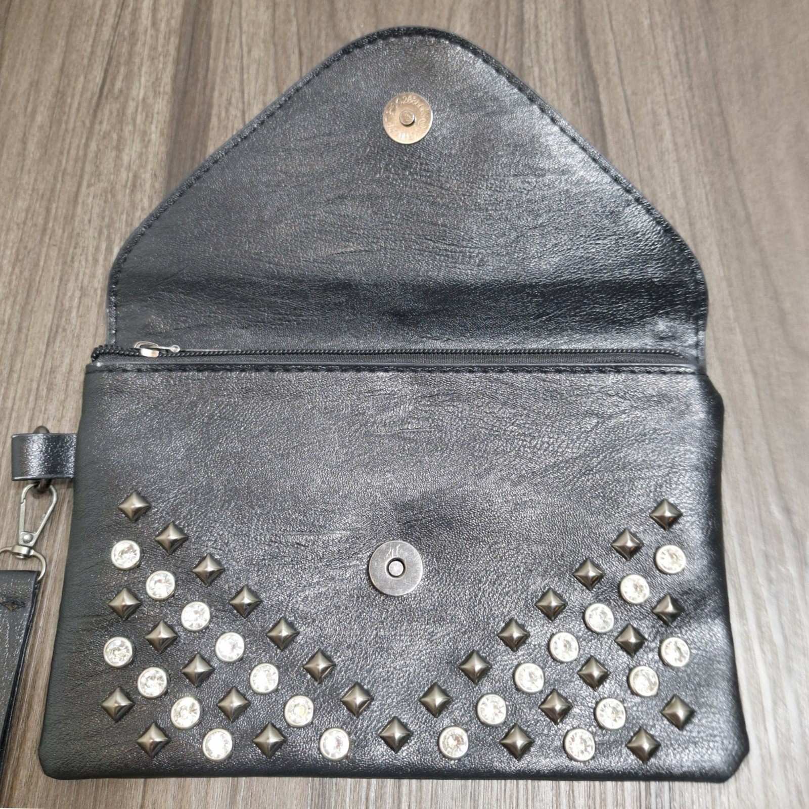 Black Faux Leather Studded Rhinestone Wristlet Clutch with Chain Tassel Edgy