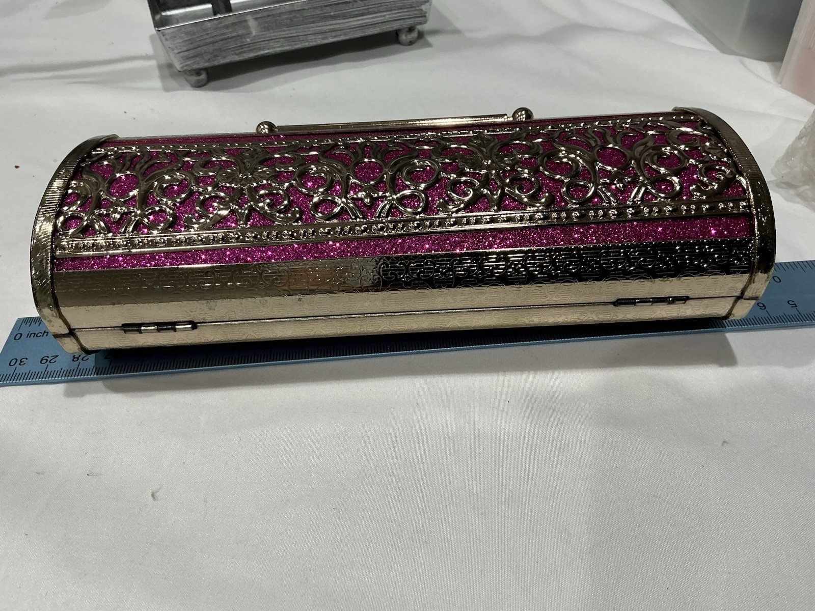 Pink & Silver Rhinestone Crystal Glitter Floral Bow Cylinder Clutch w/ Chain