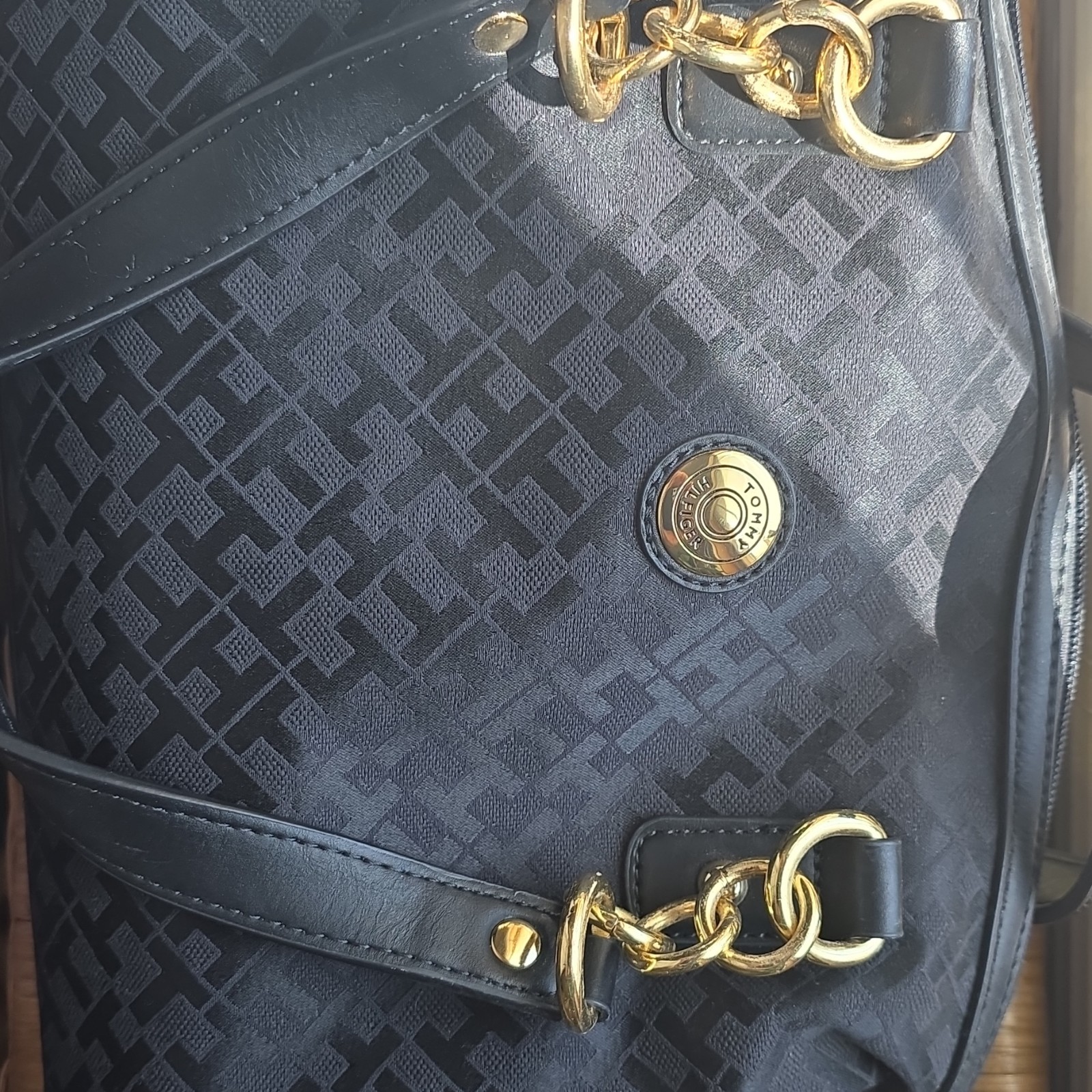 Tommy Hilfiger Monogram Satchel Top Handle Zip Chain Gold Hardware Red Lining
