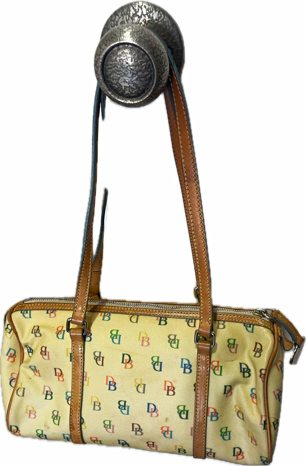 Dooney & Bourke Beige/Yellow Multicolor Logo Shoulder Bag Brown Strap Zip Charm