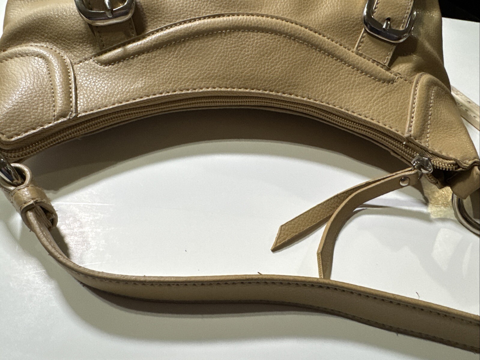 A.N.A~ A New Approach Pebble Handbag Tan Silver Trim 12 X 7 Inch
