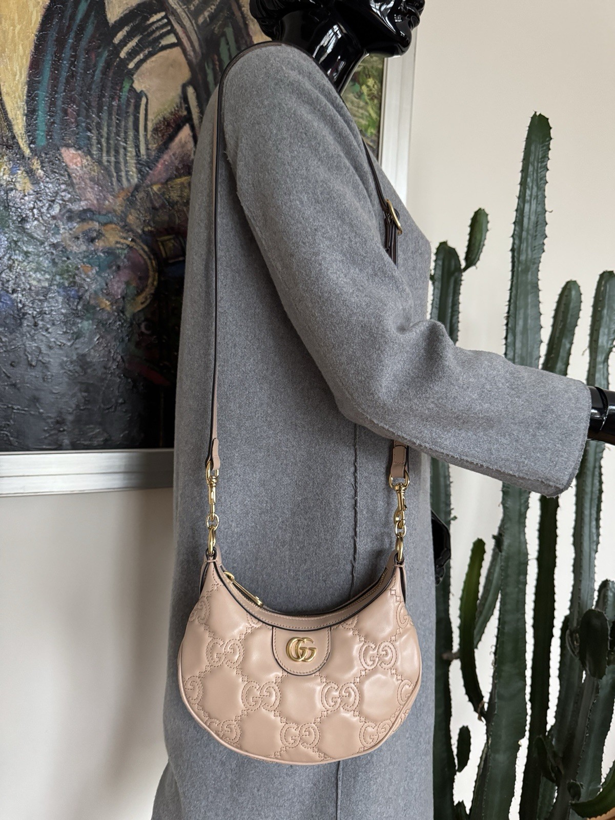 GUCCI 739736 Mini GG Marmont Mantelasse’ Crescent Leather Shoulder Bag Beige