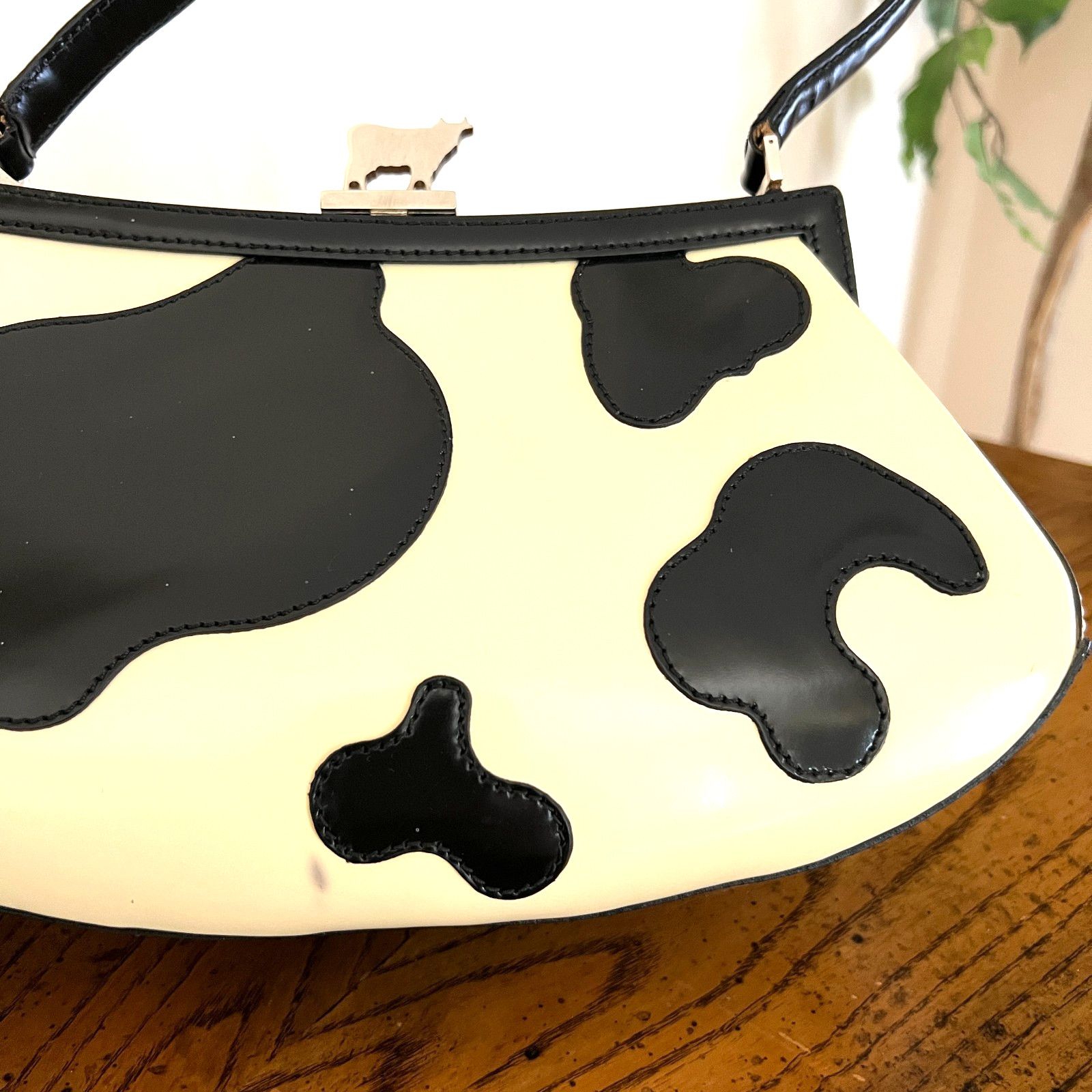 MOSCHINO Cow Print Shoulder Bag Purse Limited Edition Patent Leather Flip Lock