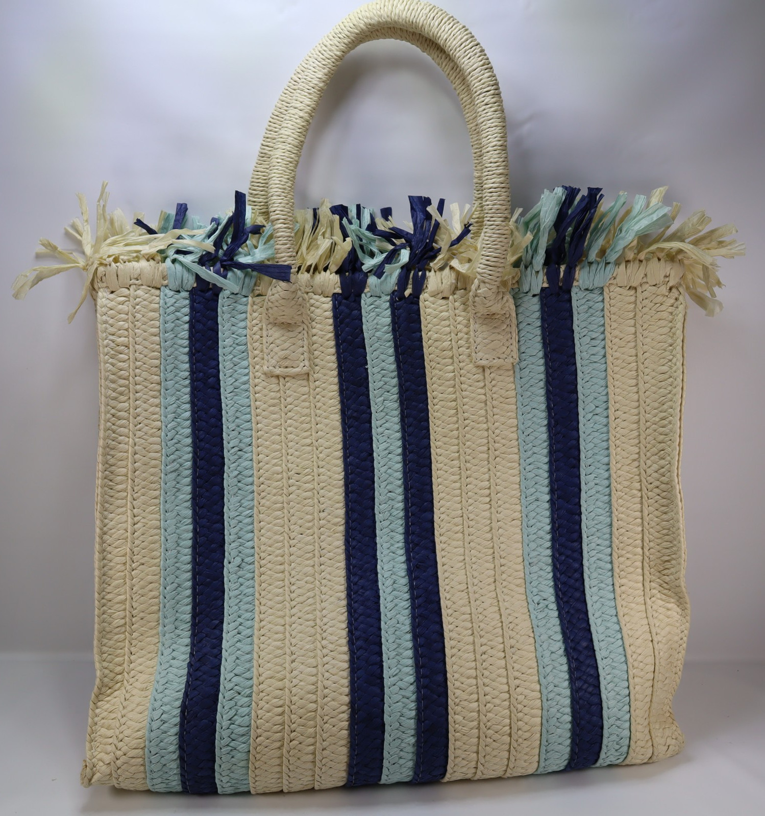 BTB Los Angeles Woven Fringe Tote Blue Stripes Beach Bag Festival Beige Boho