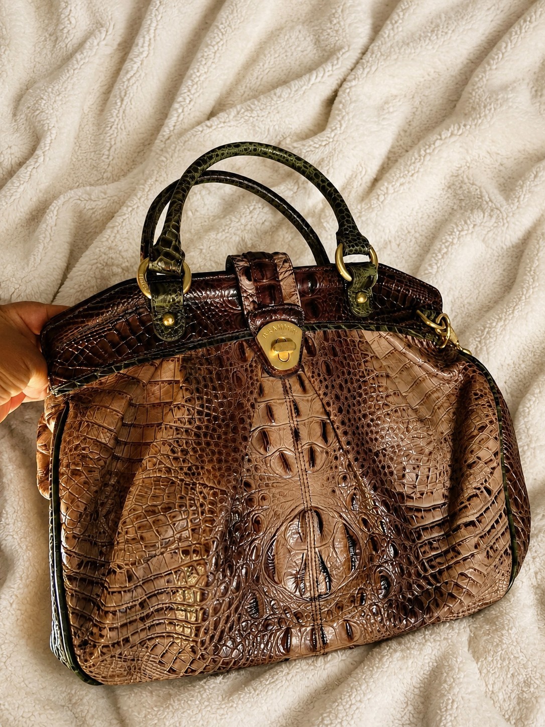 Brahmin Women’s Brown/Green Embossed Animal Print Satchel Top Handle Gold HW