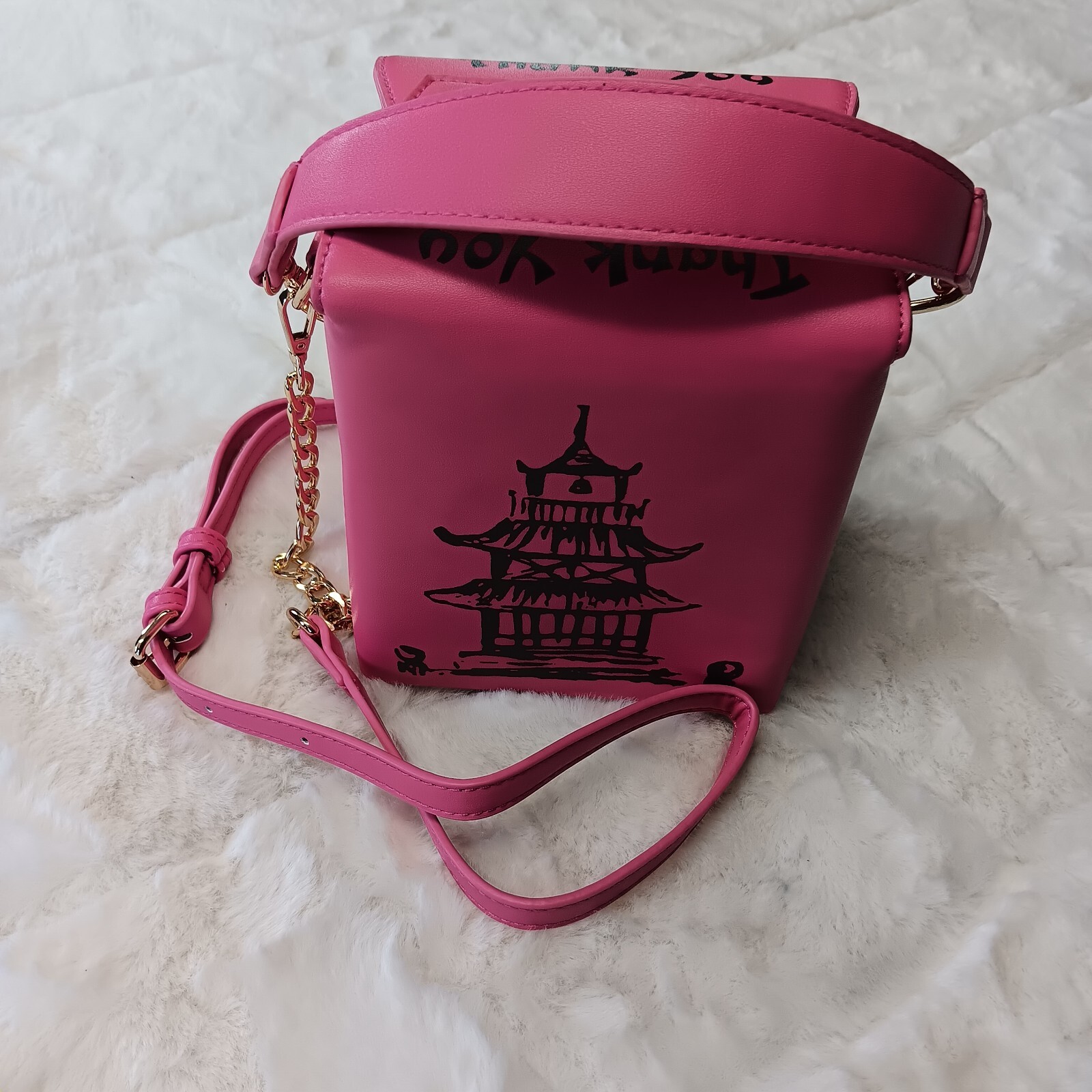 Pink Chinese Take Out Novelty Bag Adjustable Shoulder Strap & Clutch Attachment