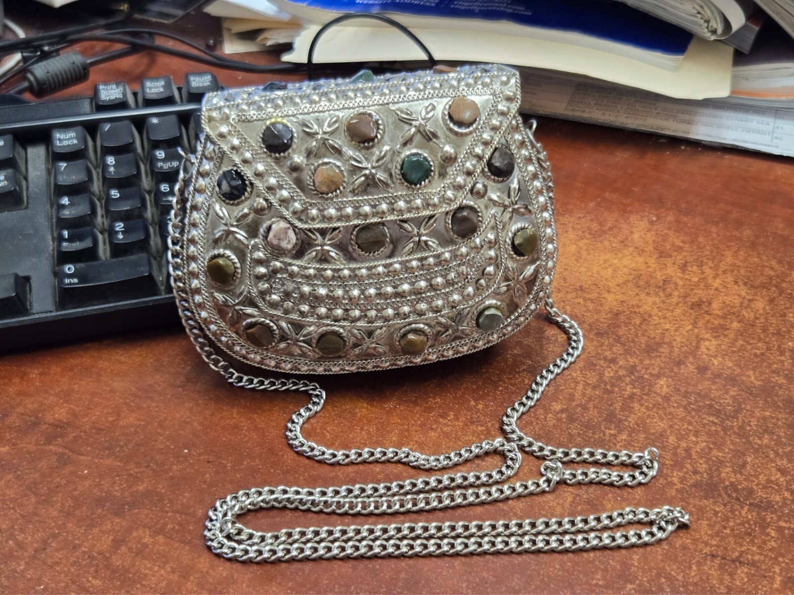 HANDMADE GEMSTONE CLUTCH VINTAGE BRASS METAL PURSE