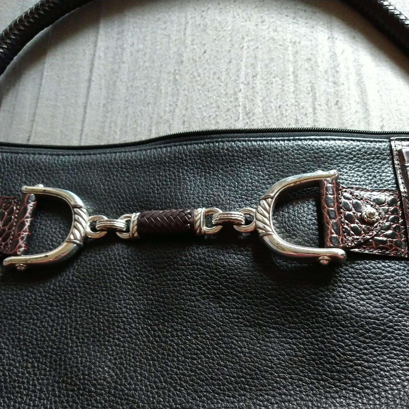 Brighton Leather Shoulder Bag Black &Brown Embossed Horse Bit Hardware