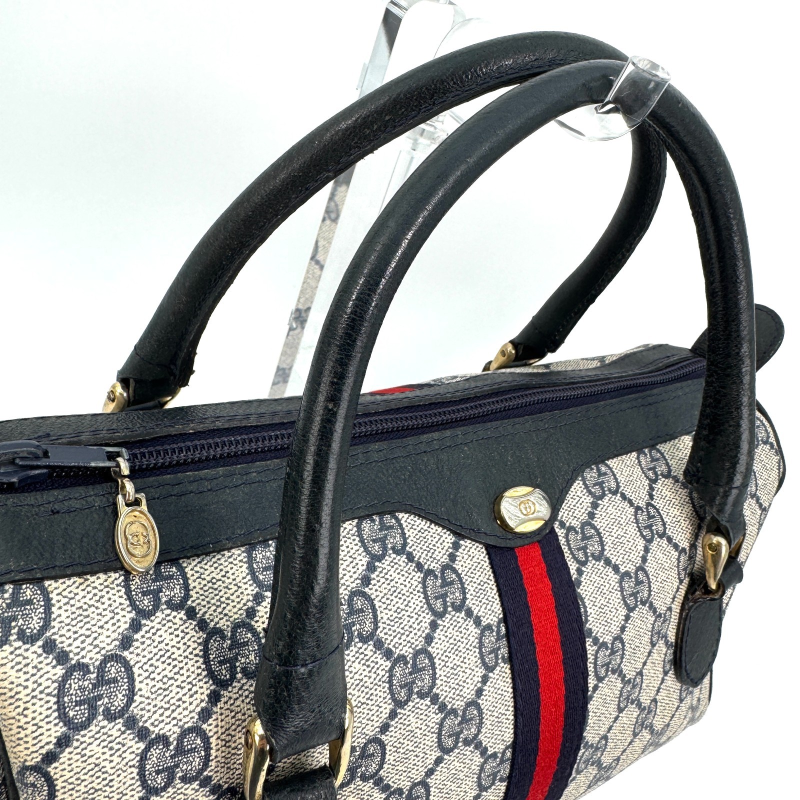 Vintage Gucci Hand Bag Sherry Navy Mini Boston Bag PVC Authentic 446T0403