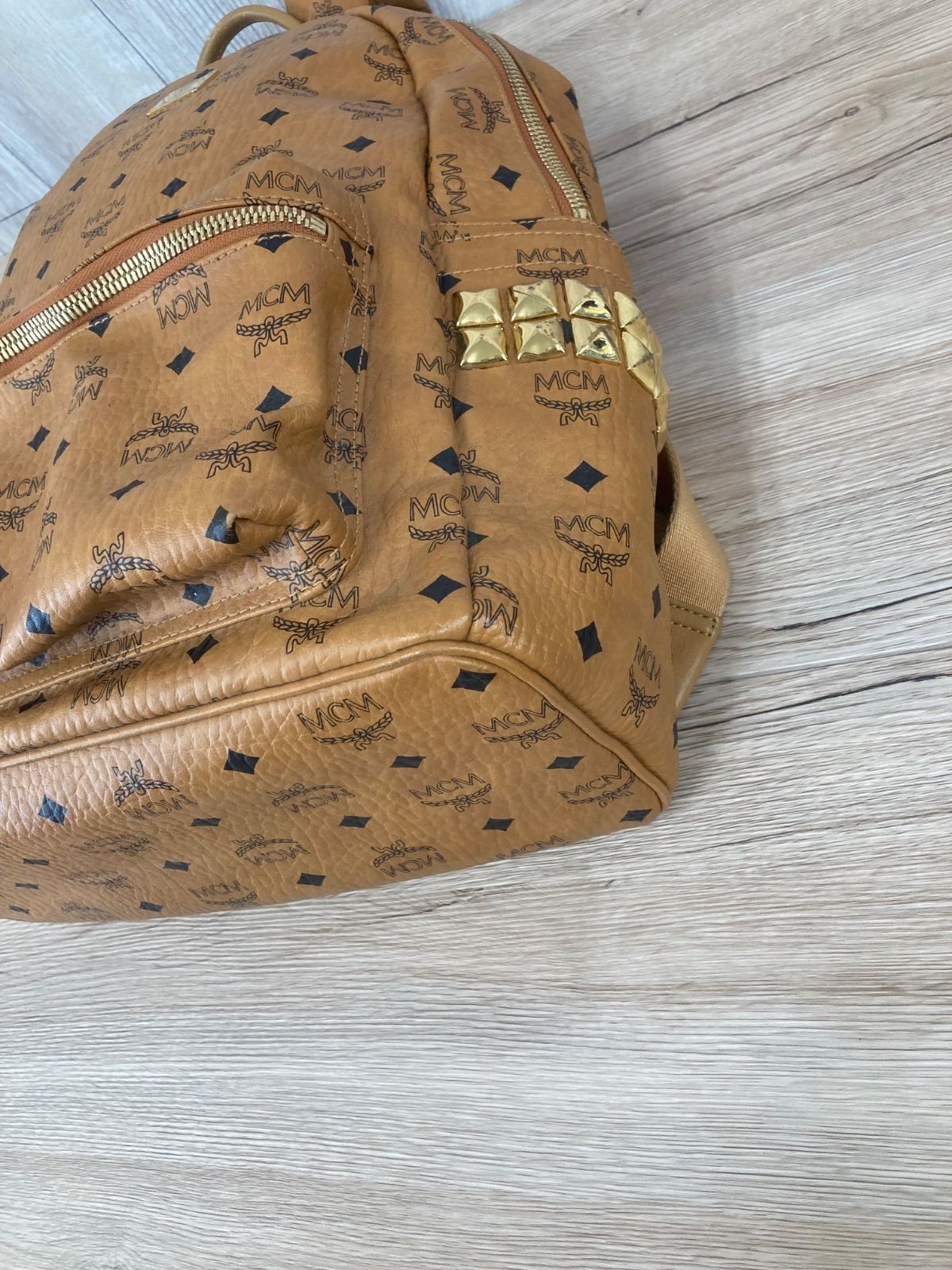 MCM Backpack Studded Visetos Pattern Leather Brown Gold Metal 40cm x 28cm x 15cm