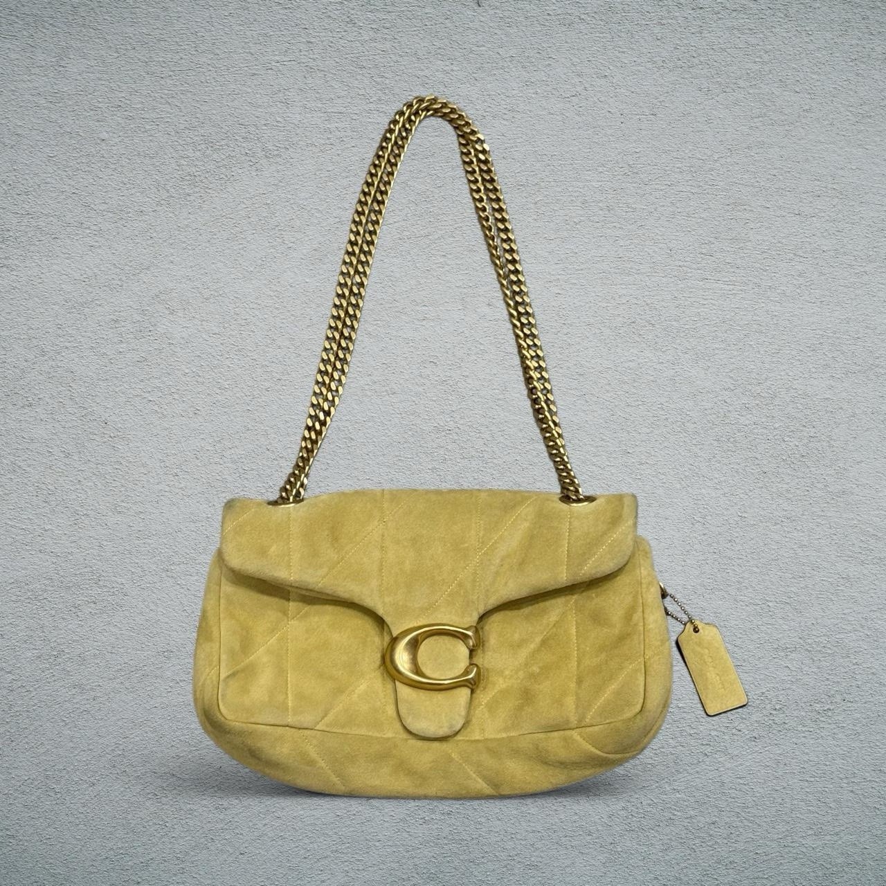 Coach Beige Quilted Shoulder Bag Gold Chain Strap Turn Lock with Bag Charm