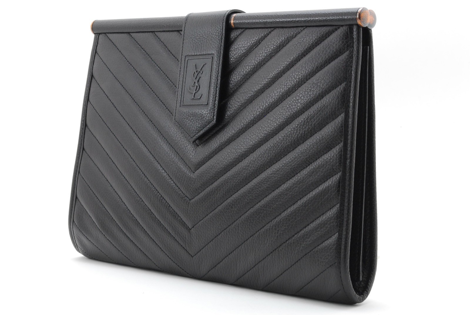 Yves Saint Laurent YSL Black Chevron Leather Clutch Bag Vintage Envelope Pouch