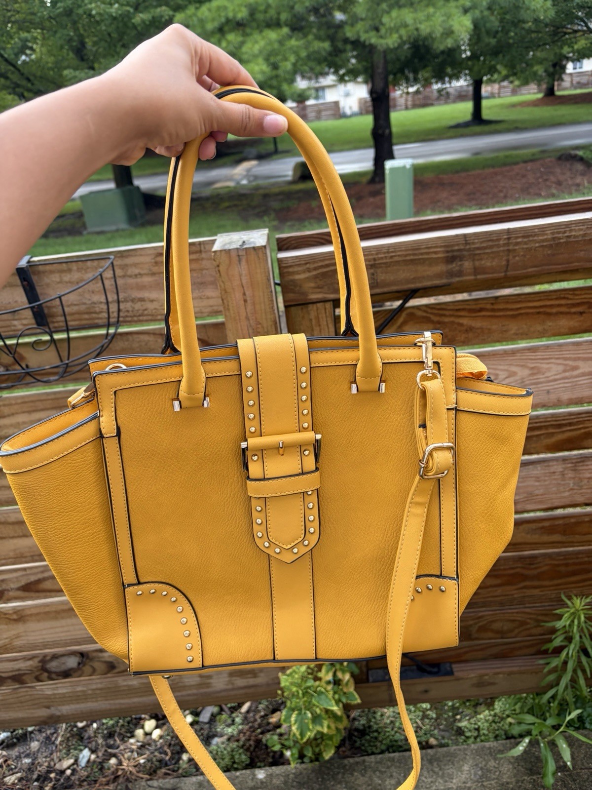 MIA K COLLECTION Yellow Studded Satchel Top Handle Bag Zip w/ Detachable Strap