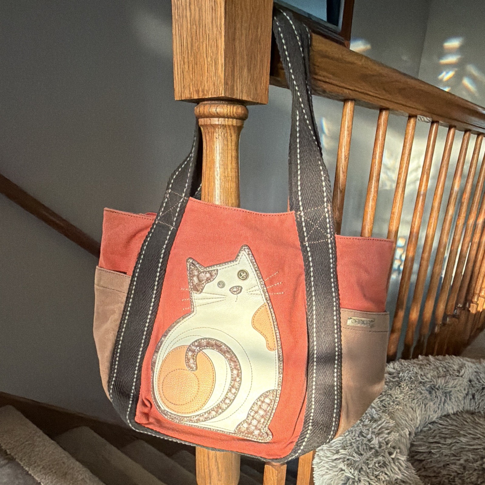Chala Cat Applique Zip Tote Bag w/ Inner & Outer Pockets Orange Brown Black