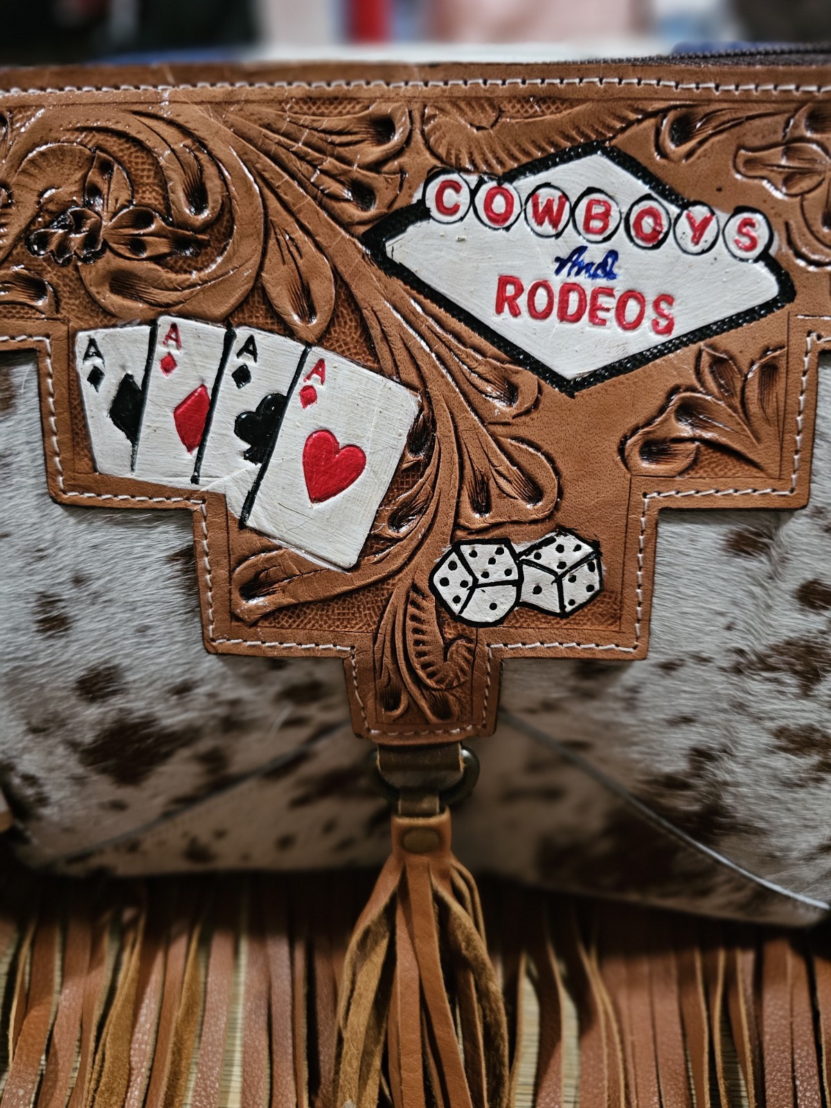 Western Cowboy Animal Print Fringe Crossbody Bag Hand Painted Zip, Med