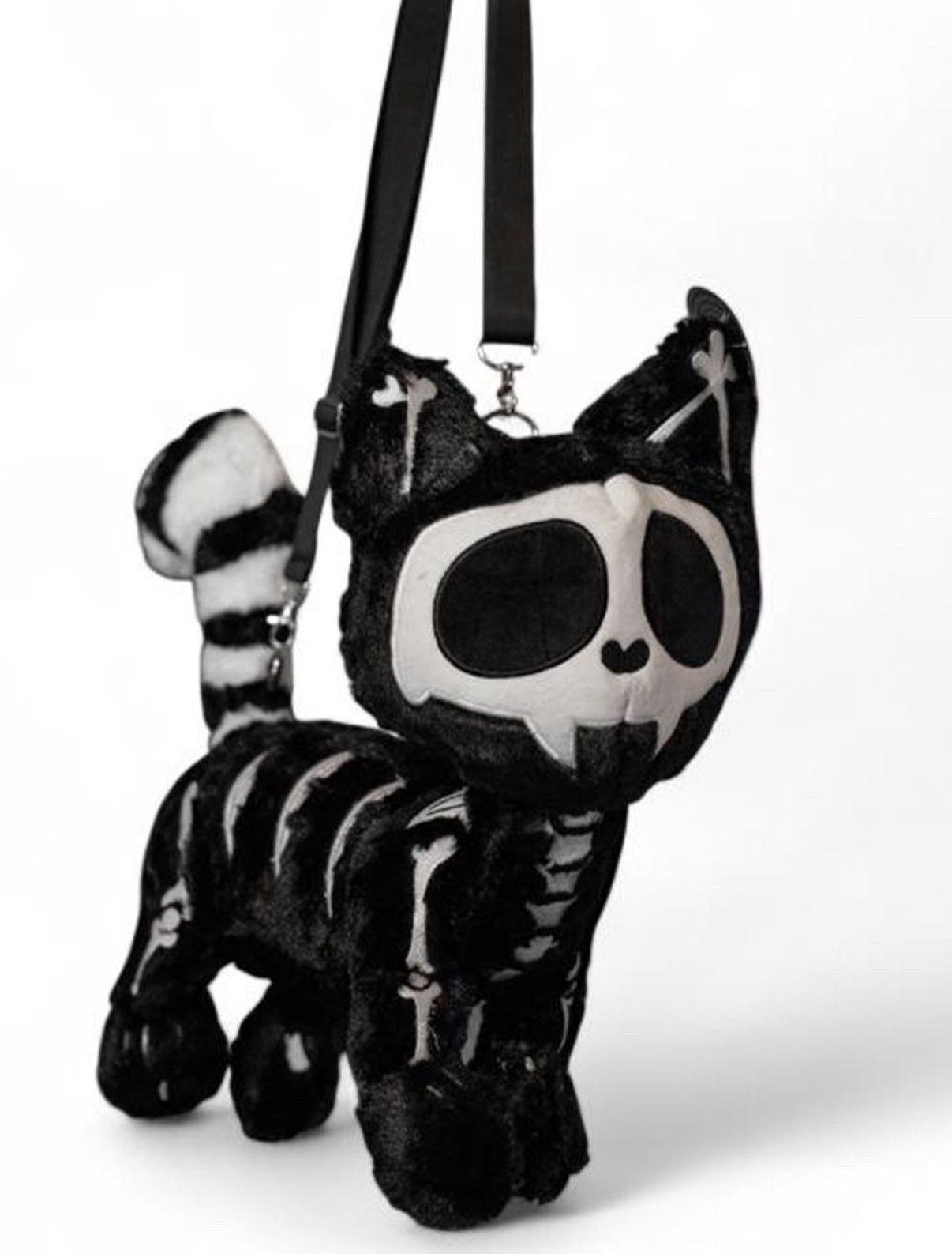 Black & White Skeleton Cat Gothic Shoulder Bag, Zip Pockets, Purple Lining