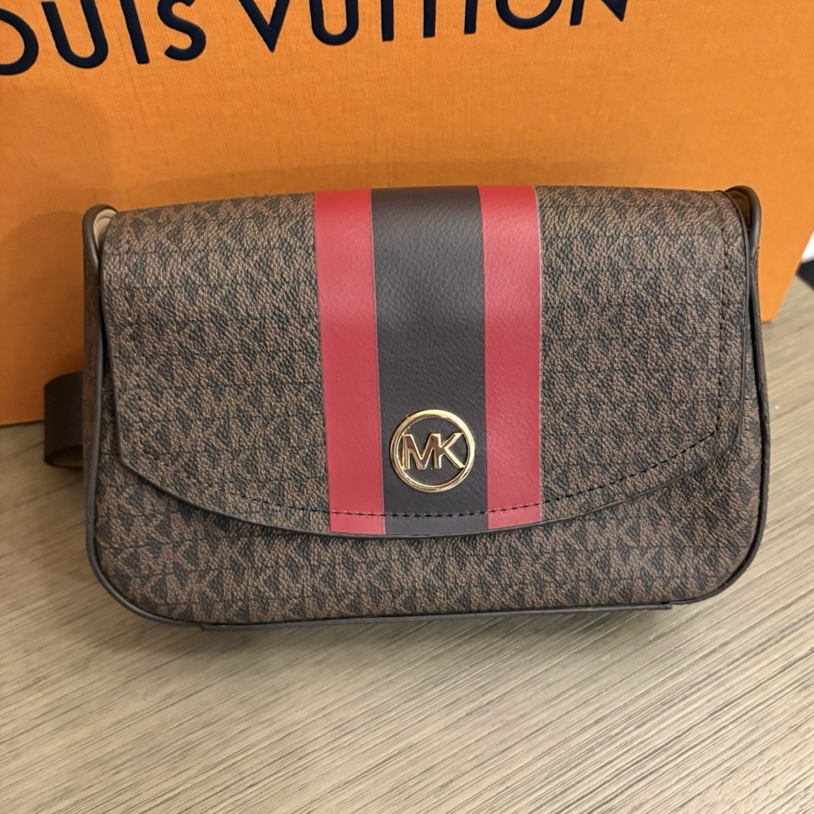 New Michael Kors Signature Logo Striped Flap Belt Bag in Brown/Crimson Multi
