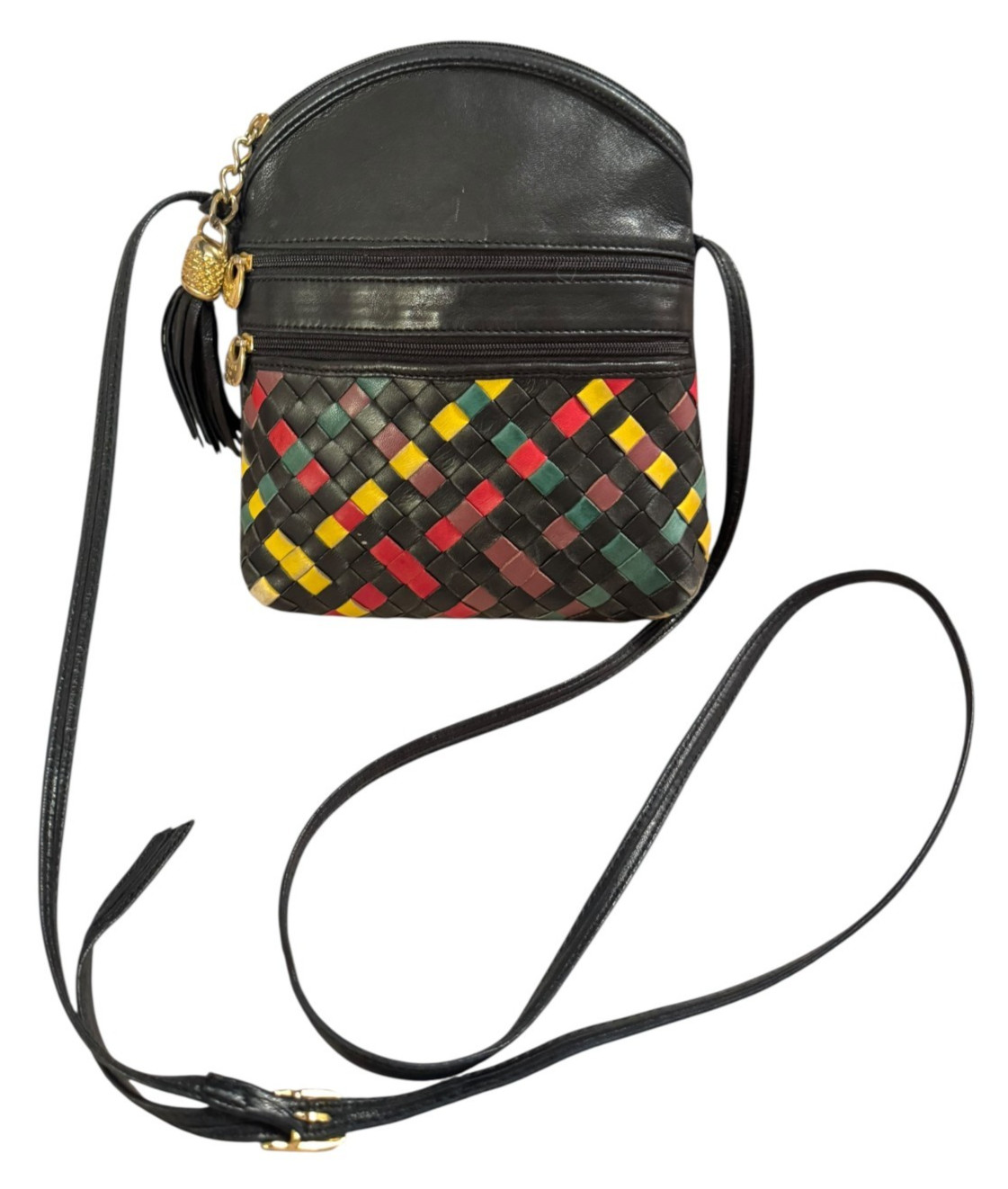 Italian Leather Crossbody Bag Purse Colorful Weave Black w/2 Outer Zip Pockets