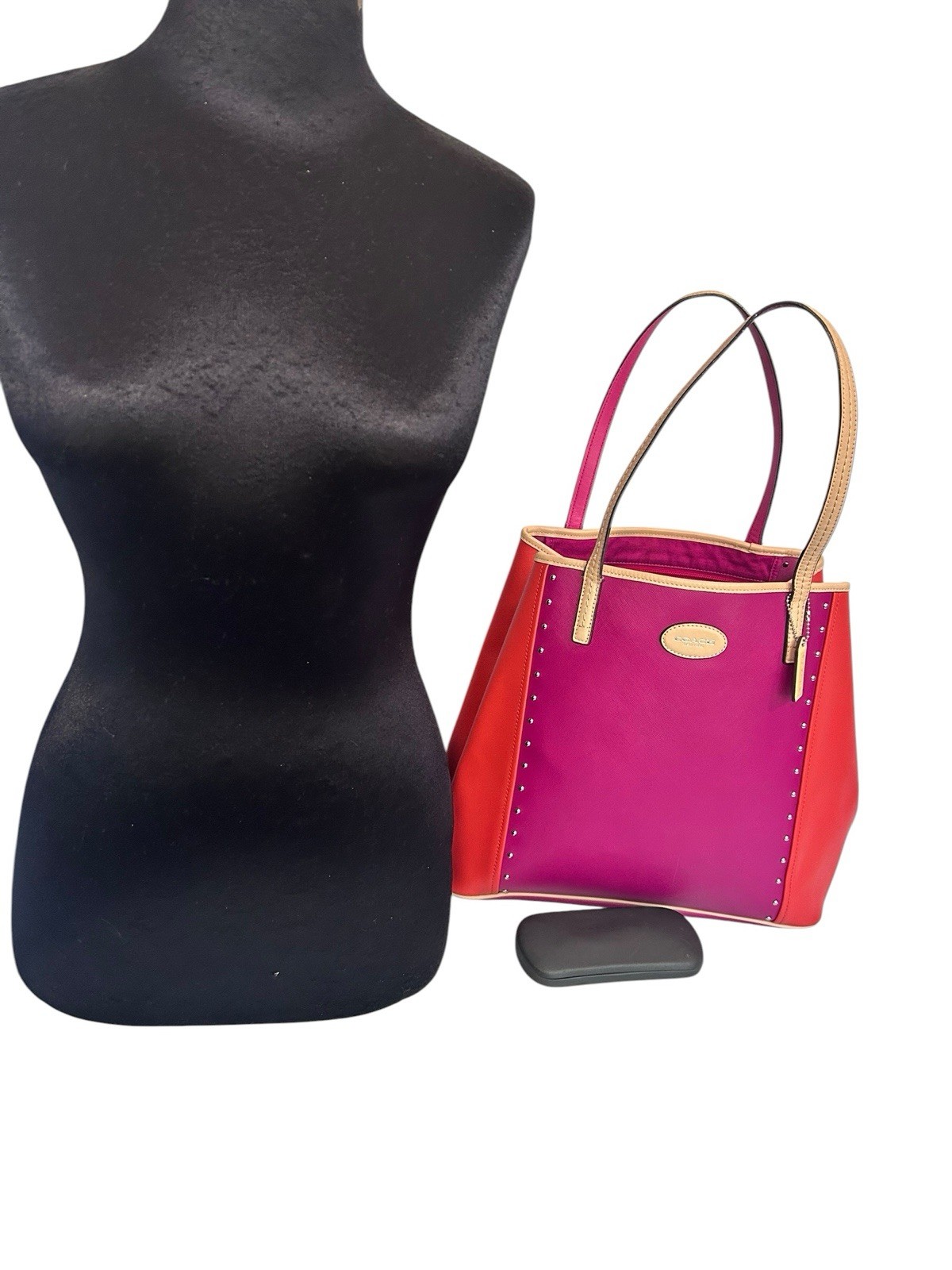 COACH Metro Colorblock Pink Orange And Tan Studded Leather Tote Bag Read List